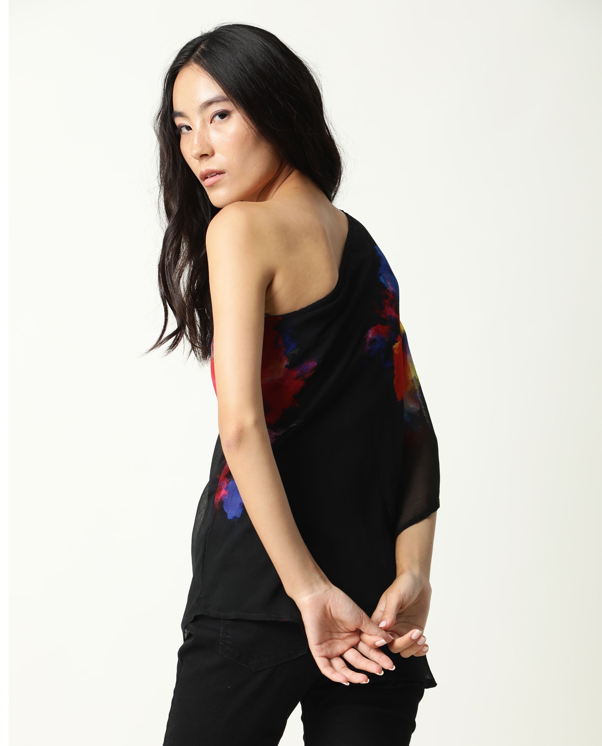 Rareism Women's Propose Black Tube Neck Floral Print Sleeveless Knee Length Regular Fit Top