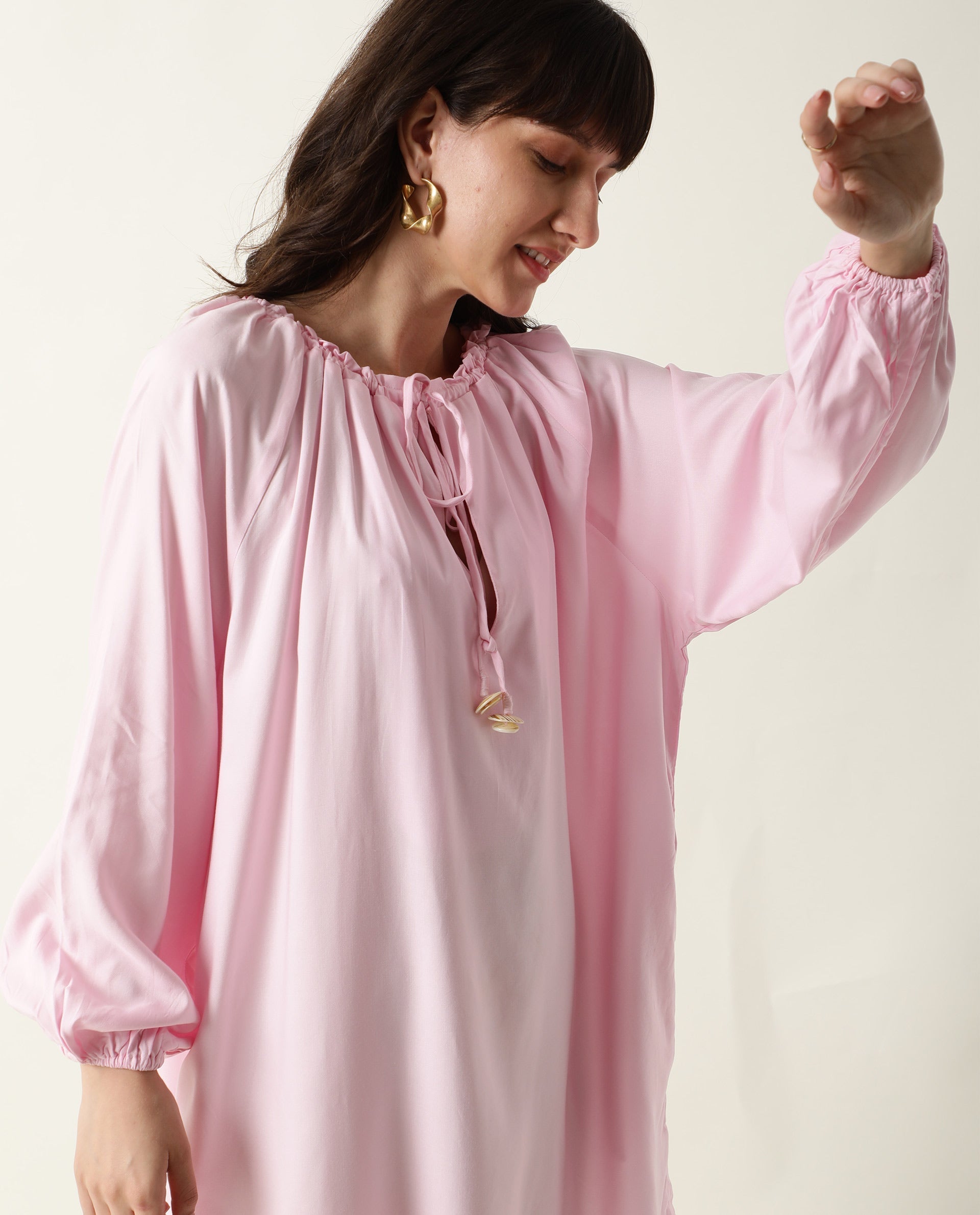 Rareism Women's Mason Pink Viscose Tie-Up Neck Plain Volume Sleeve Mini Relaxed Fit Dress