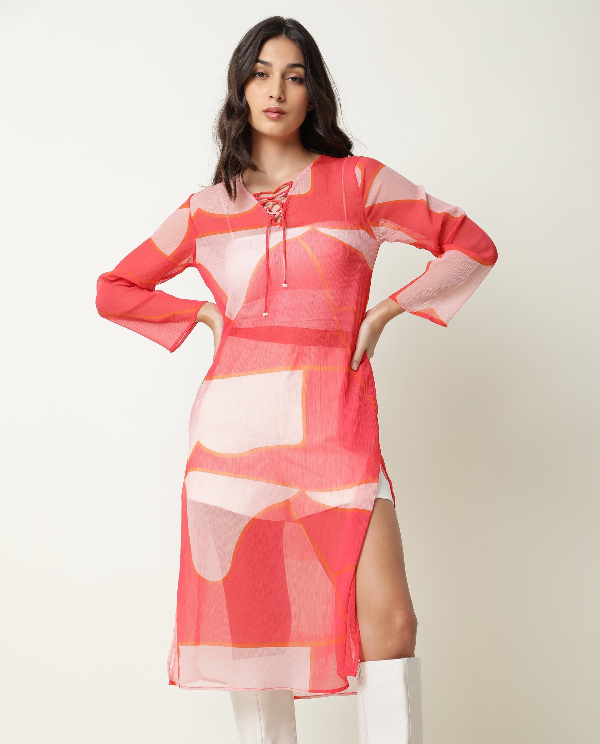 Rareism Women's Benett Pink V-Neck Abstract Print Knee Length Regular Fit Dress