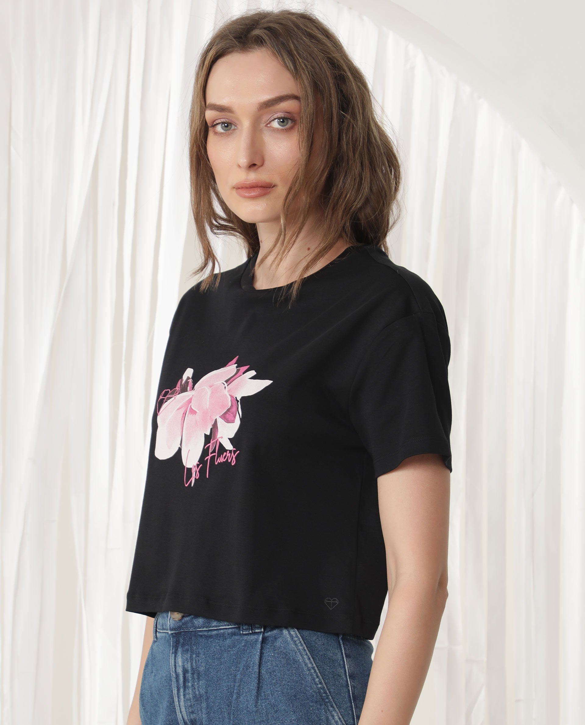 Rareism Women's Ictor Black Cotton Crew Neck Graphic Print Regular Fit T-Shirt
