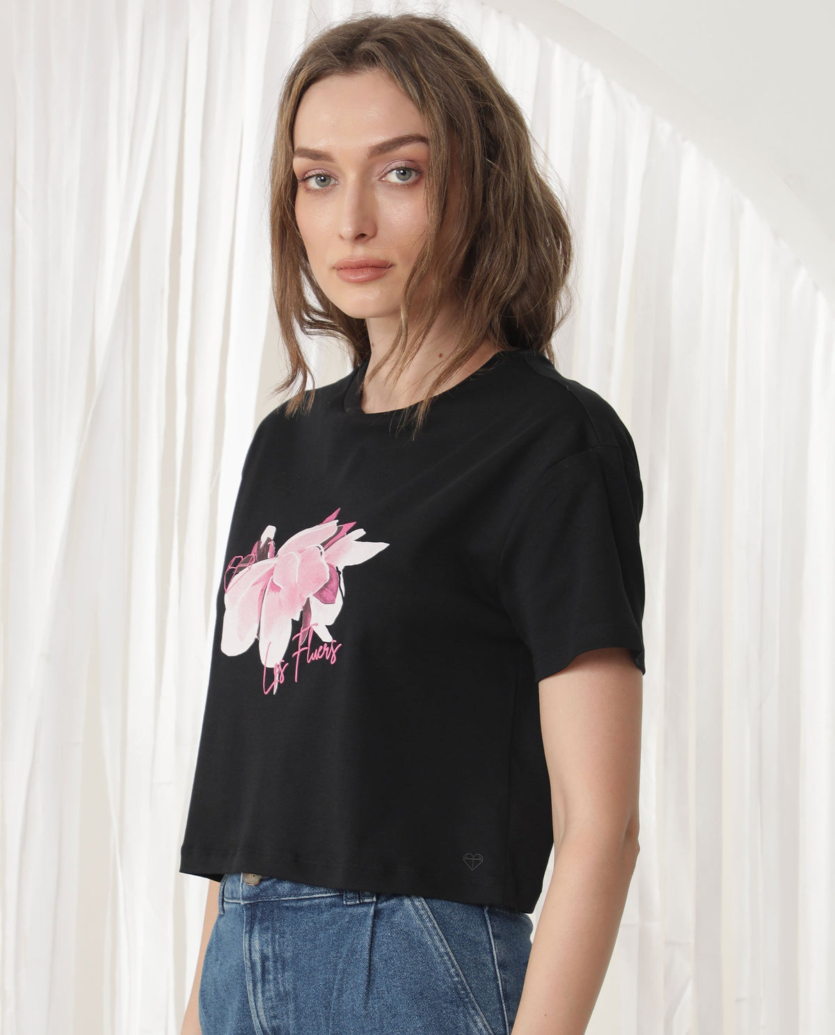 Rareism Women Ictor Black Cotton Fabric Short Sleeves Crew Neck Regular Fit Graphic Print T-Shirt