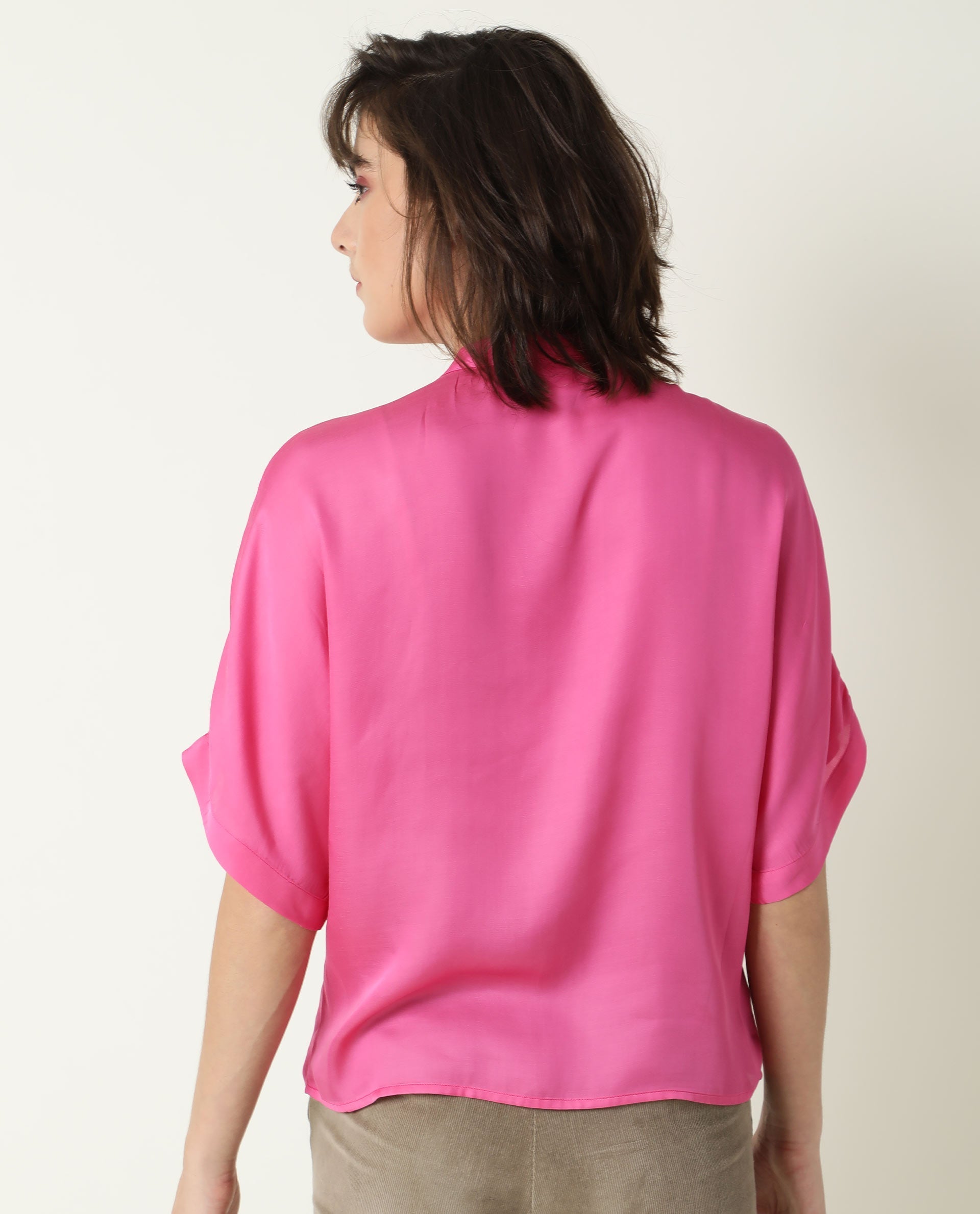 Rareism Womens Paige Pink Top Modal Satin Fabric Regular Fit Kimono Sleeve Mandarin Neck