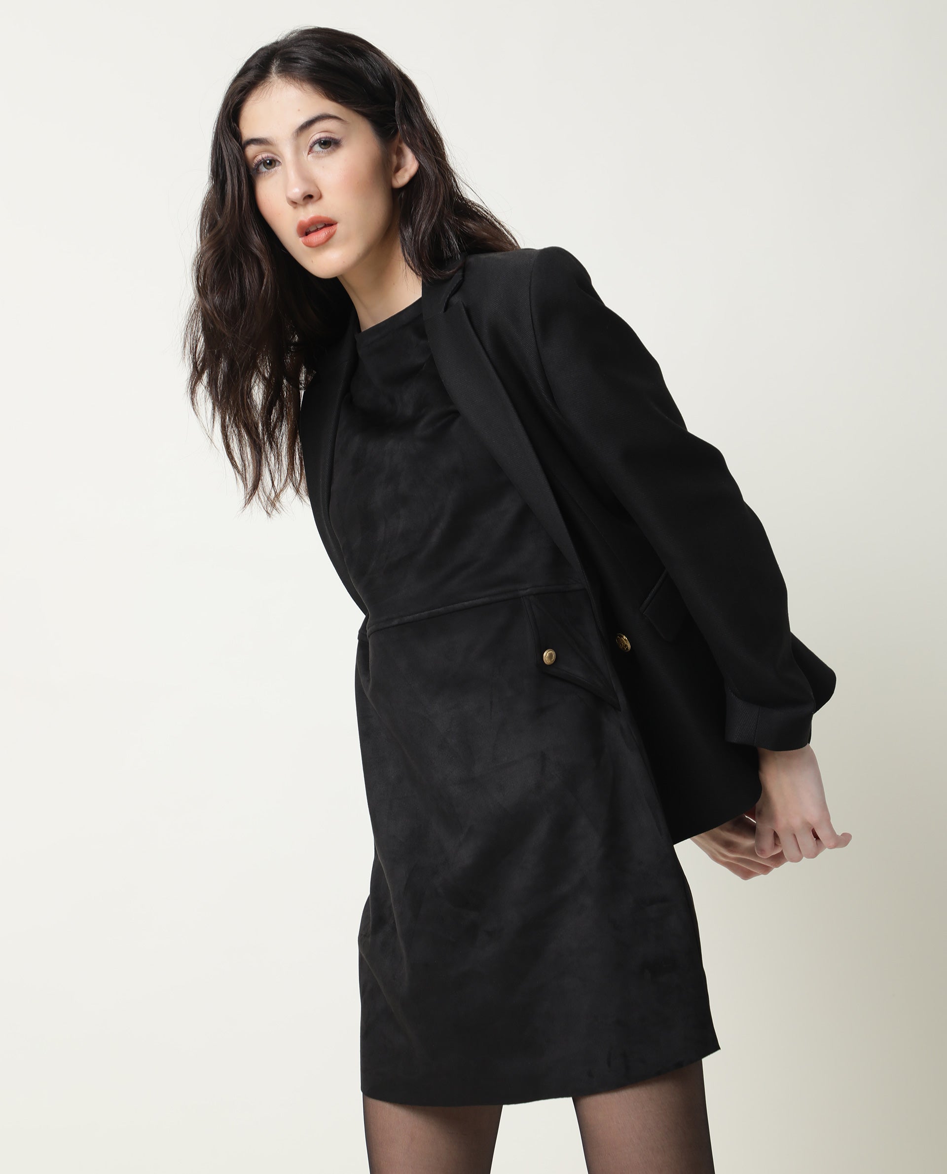 Rareism Women's Sions Black Crew Neck Plain Knee Length Tailored Dress