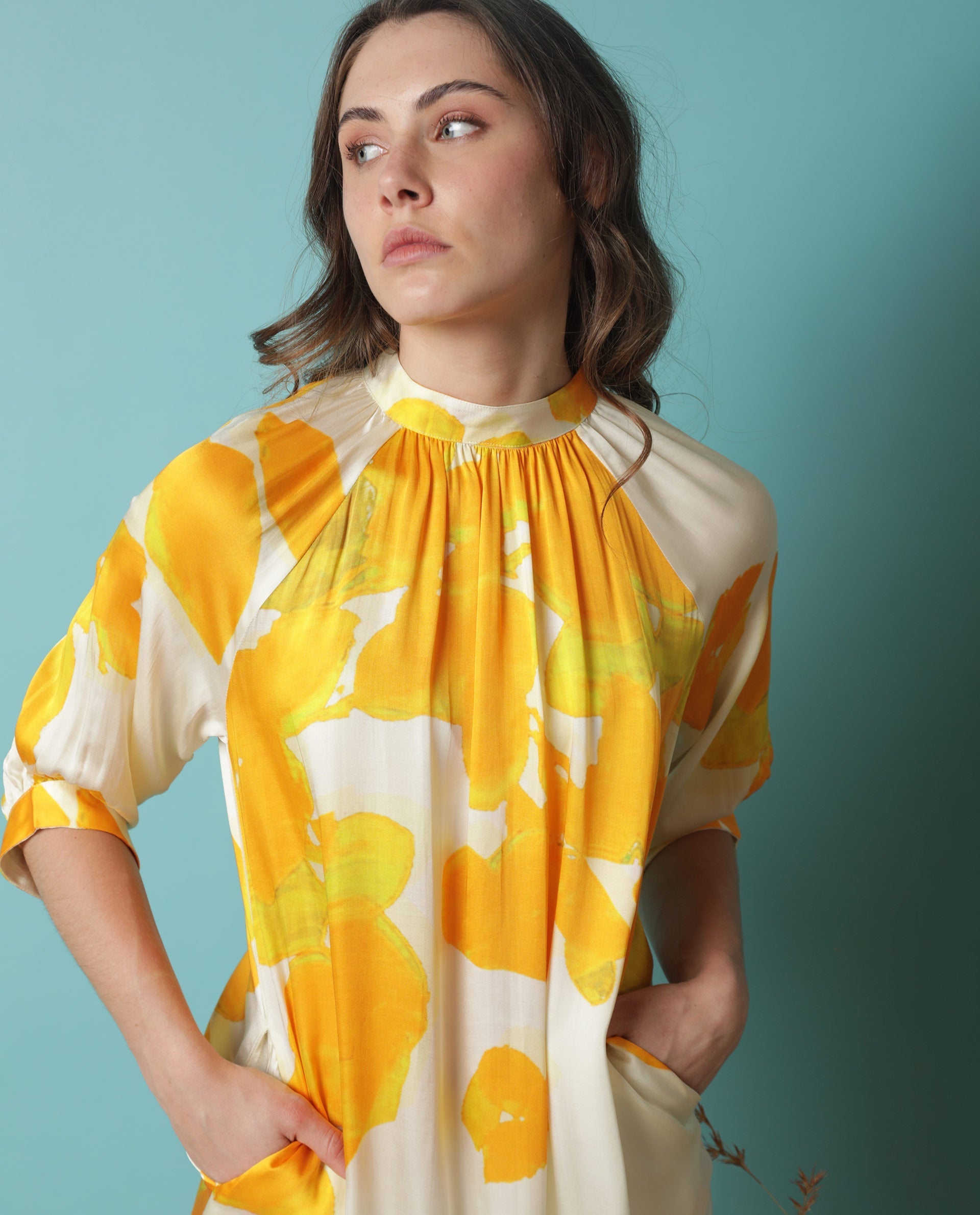 Rareism Women Tycoon Yellow Abstract Band Collar Half Sleeves With Puff And Pocket Knee Length Dress