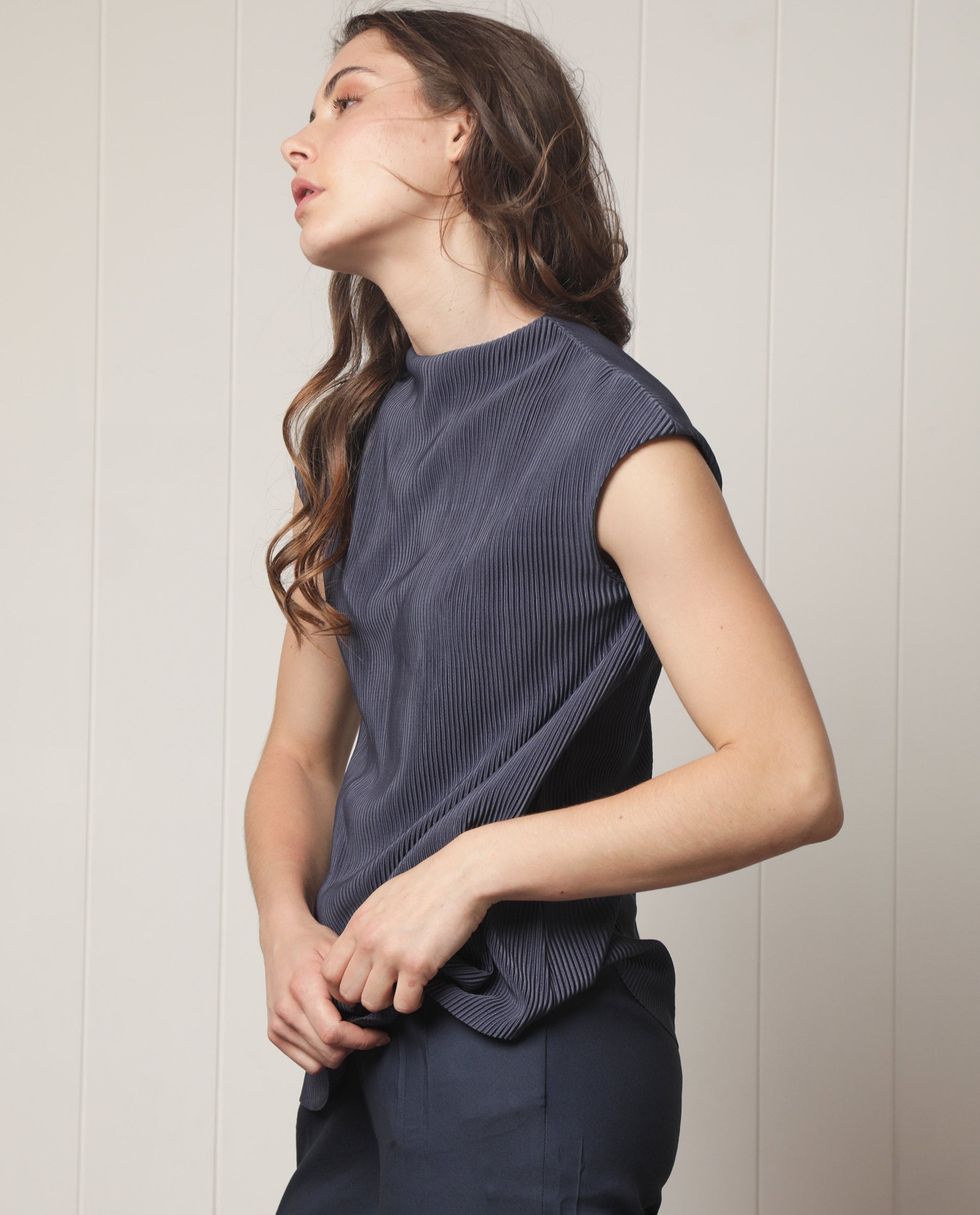 Rareism Women's Daffo Navy Polyester High Neck Textured Sleeveless Relaxed Fit Top