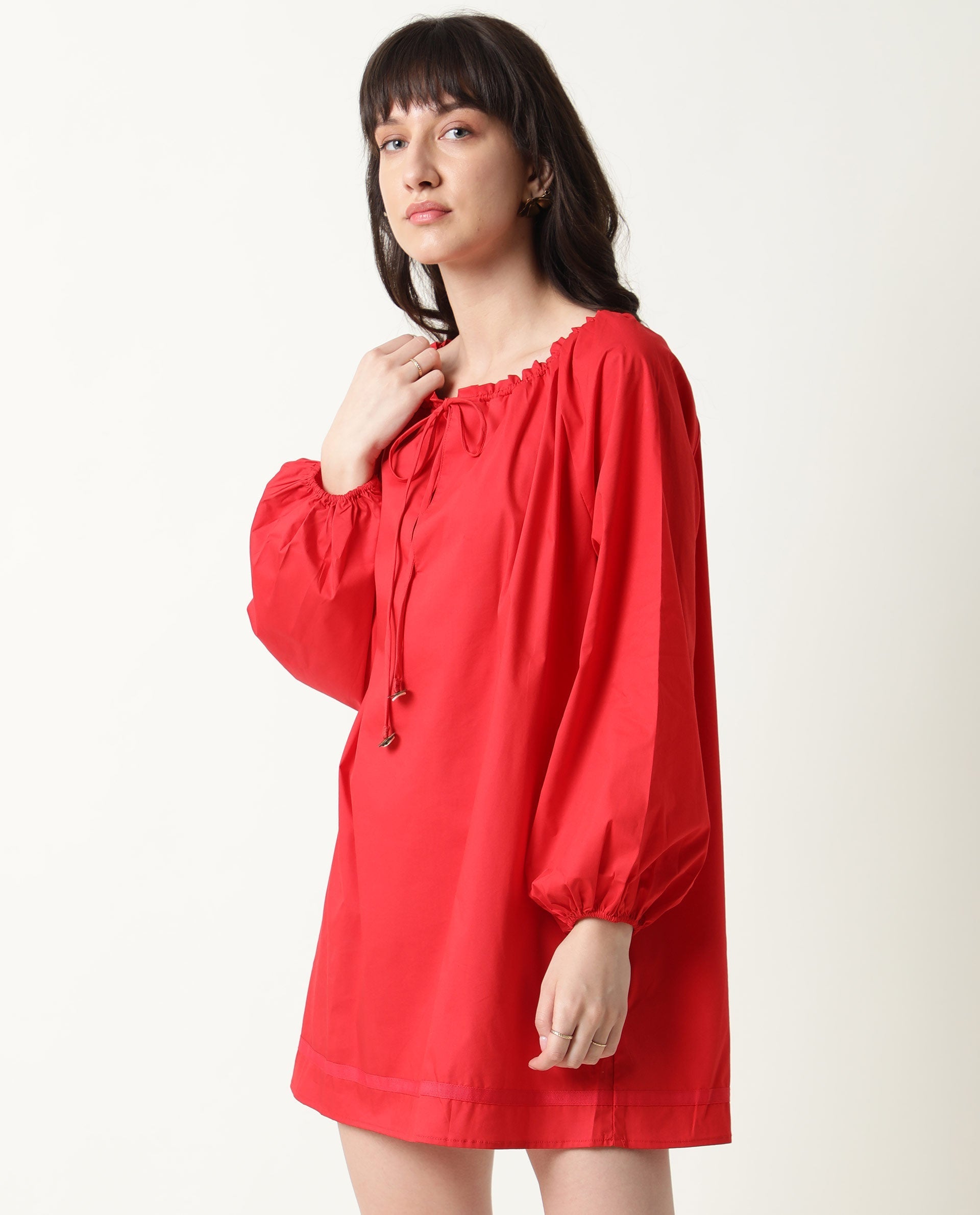 Rareism Womens Sapie Red Dress Cotton Fabric Boxy Fit Round Neck