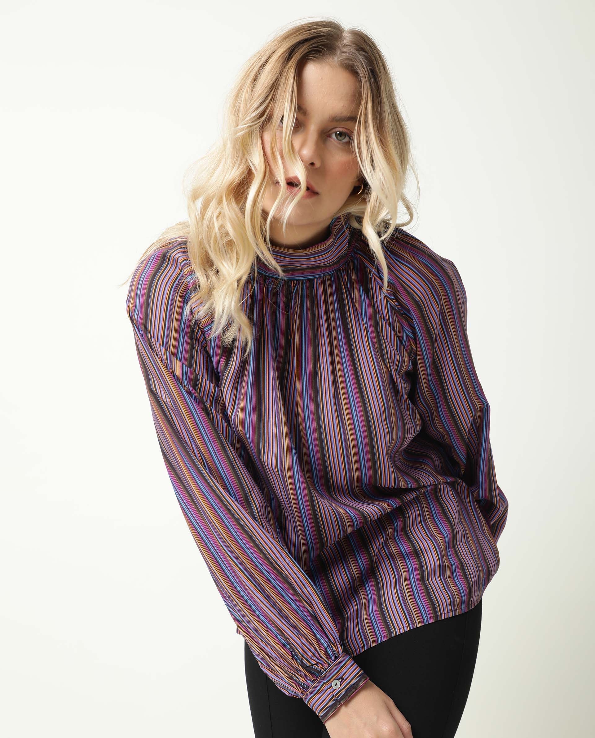 Rareism Women's Autumn Multi High Neck Striped Knee Length Regular Fit Top