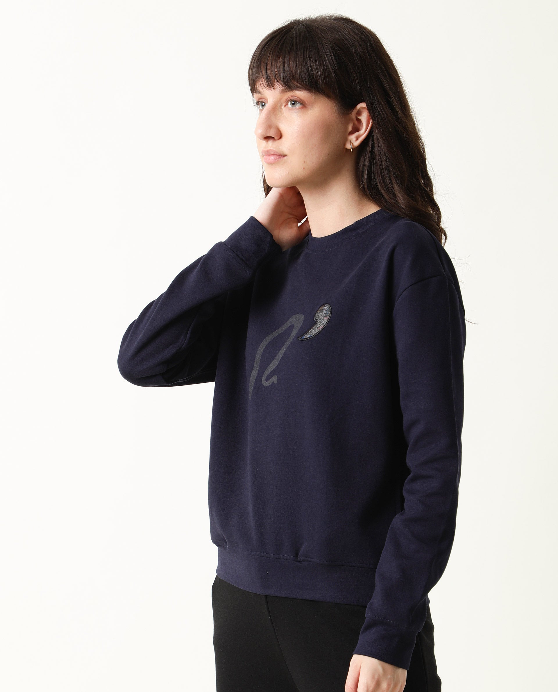 Rareism Women Slashy Navy Relaxed Fit Full Sleeves Solid Crew Neck Sweatshirt