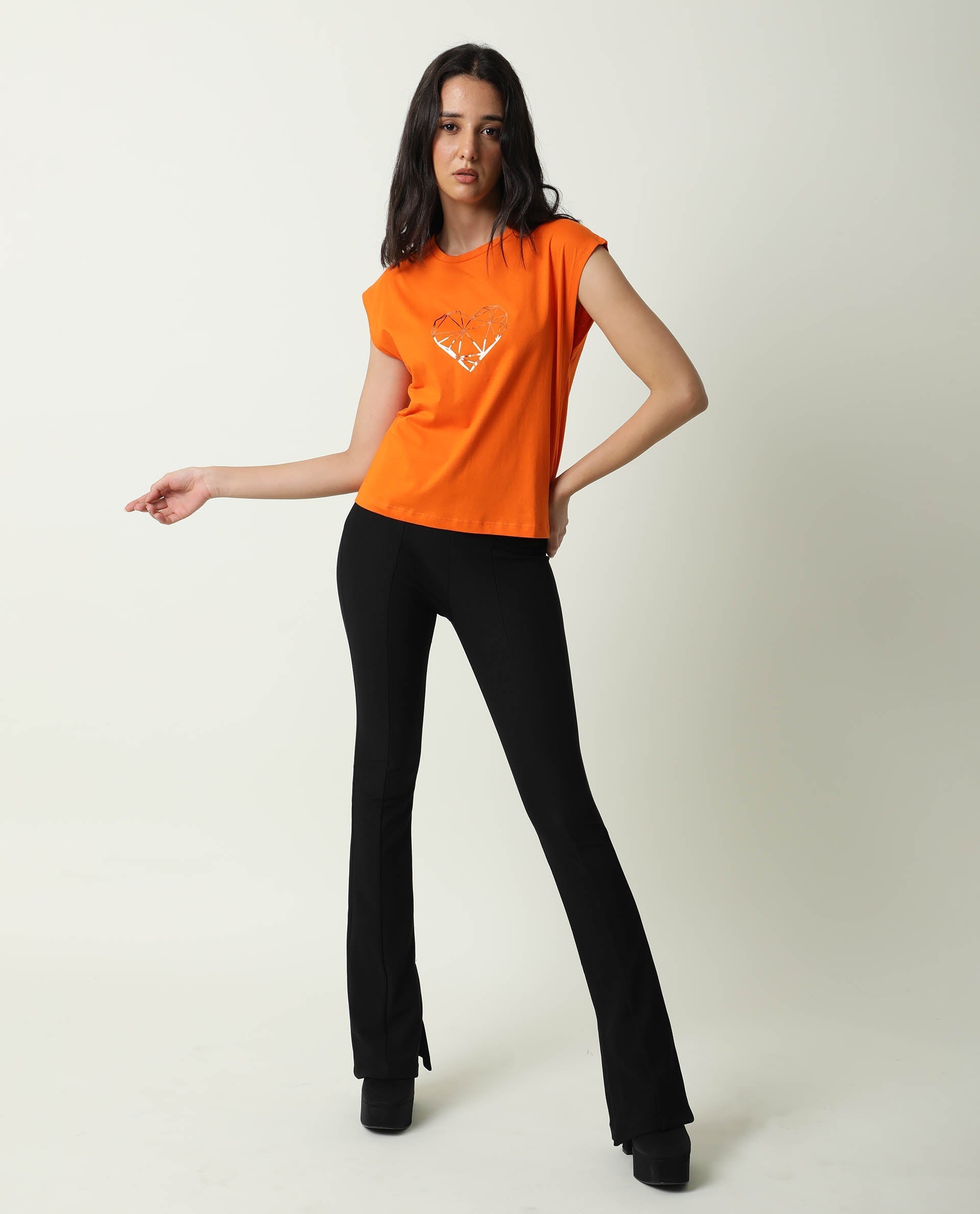 Rareism Women Race Orange Cotton Fabric Regular Fit Half Sleeves Graphic Print Round Neck T-Shirt