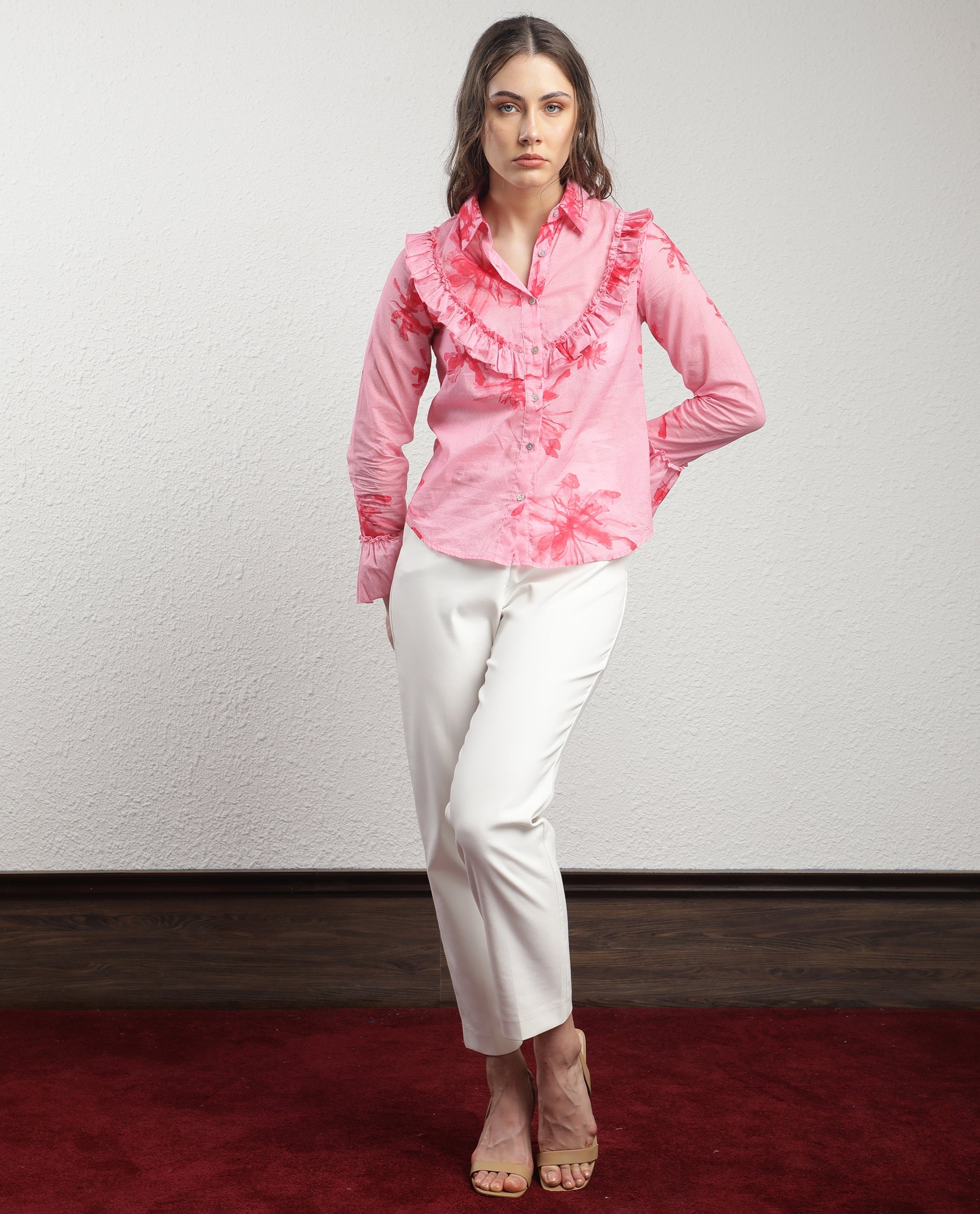 Rareism Women's Lenora Pink Cotton Spread Collar Floral Print Ruffled Sleeve Regular Fit Top