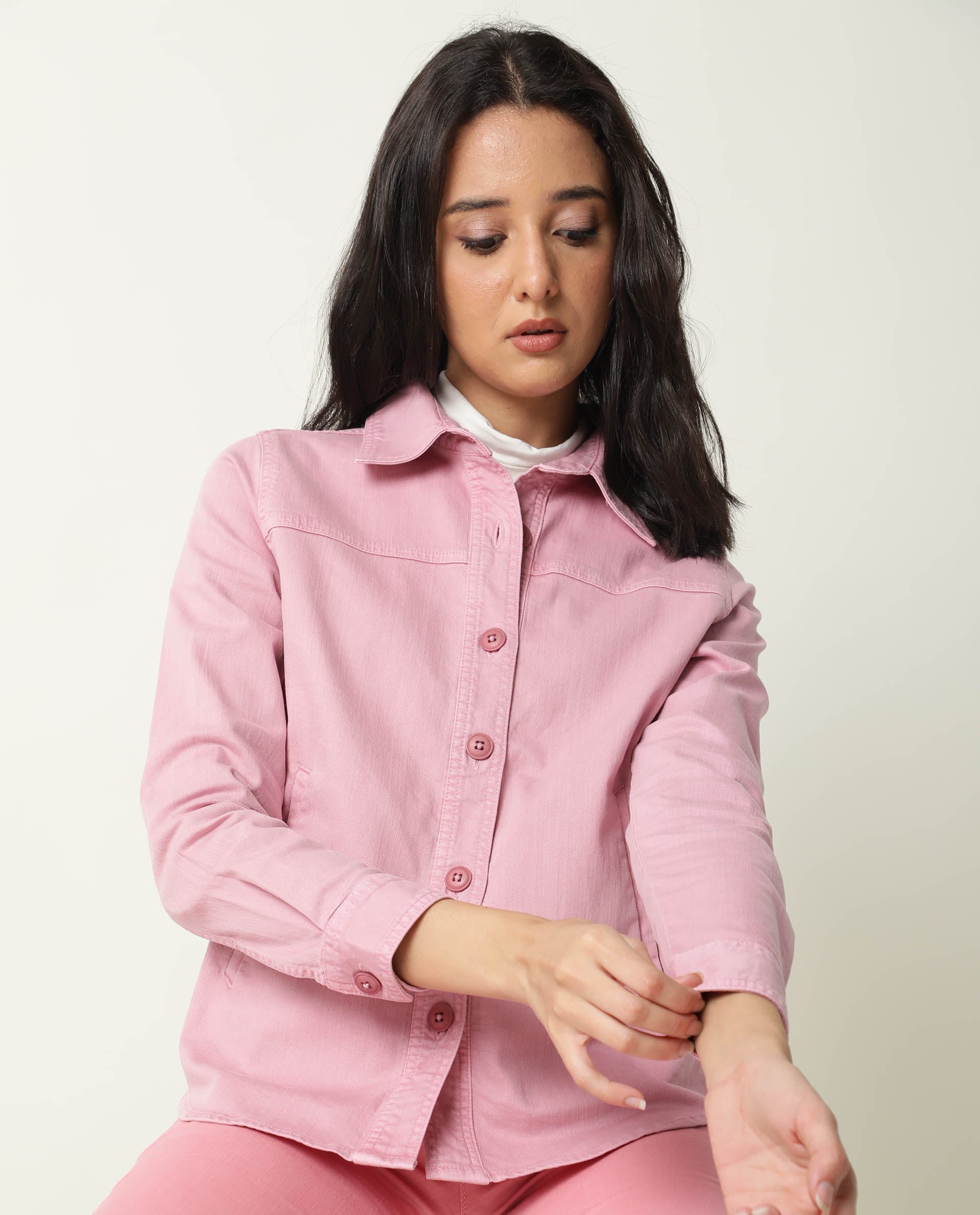 Rareism Women Mission Pink Cotton Lycra Fabric Full Sleeves Solid Shirt Collar Jacket