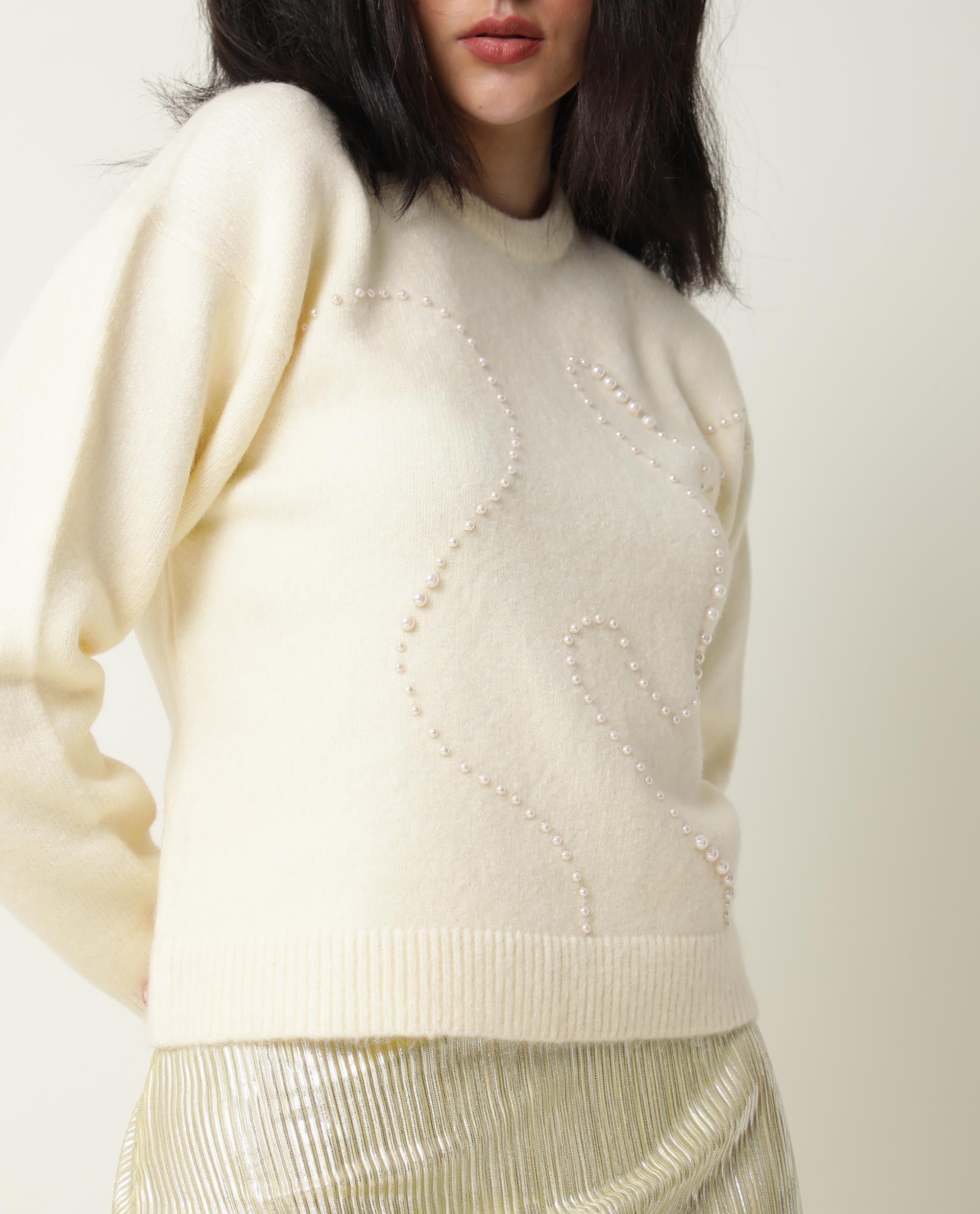 Rareism Women Tulsy Off White Acrylic Fabric Full Sleeves Knee Length Regular Fit Sequined Round Neck Sweater