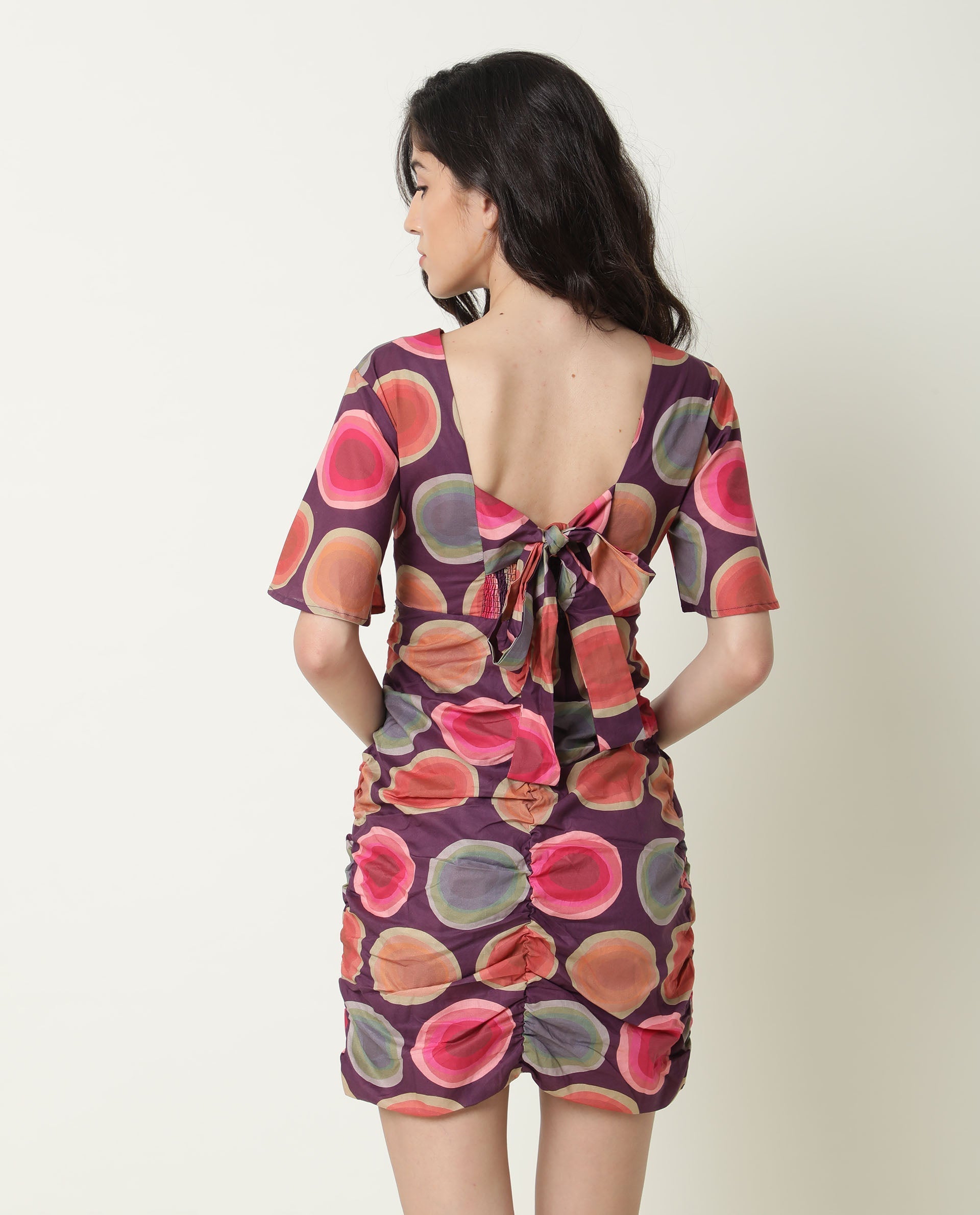 Rareism Women's Anjou Purple Cotton V-Neck Abstract Print Knee Length Regular Fit Dress