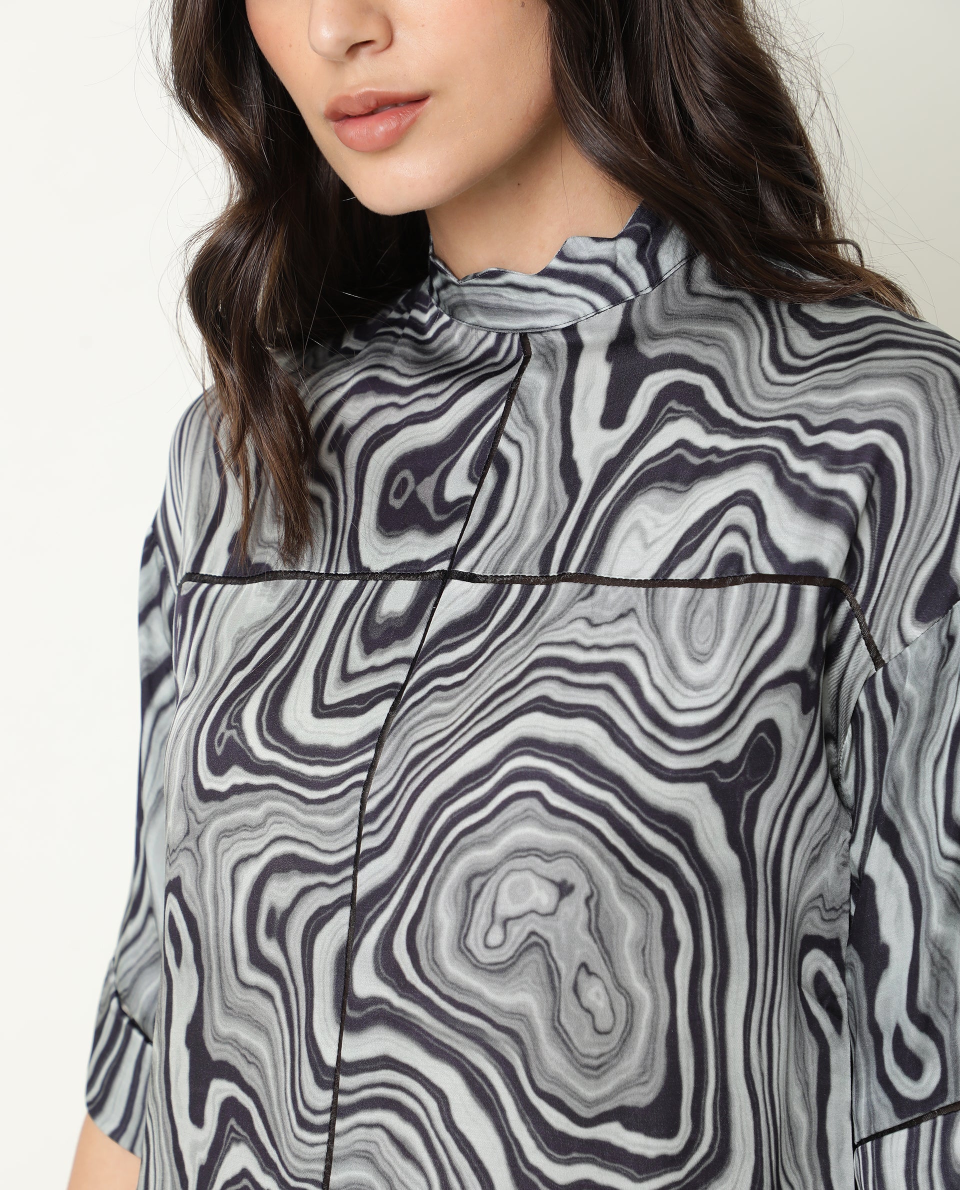 Rareism Women Favor Black Abstract Print High Neck Half Sleeves Mini Dress