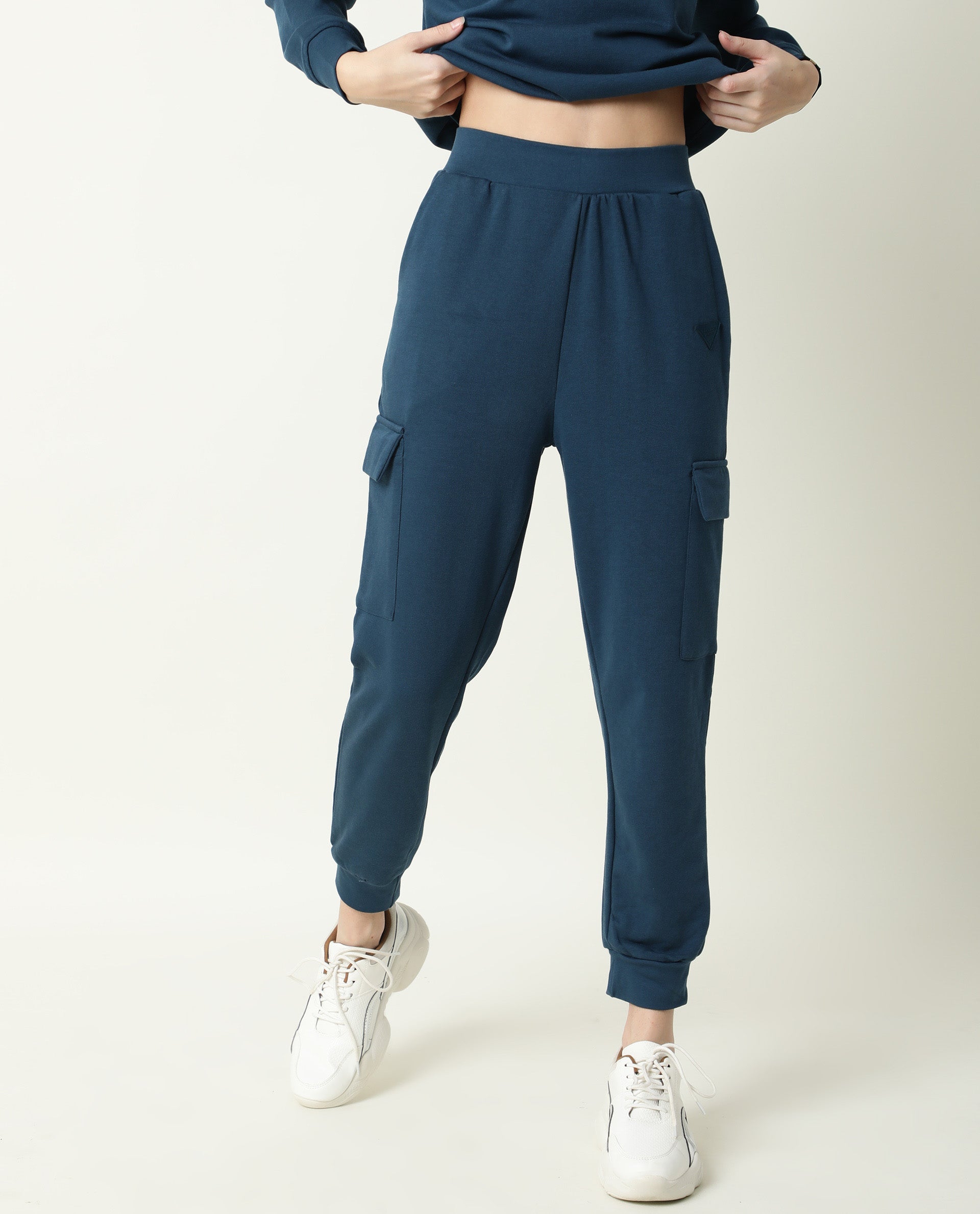 Rareism Women Nush-1 Petrol Poly Cotton Fabric Regular Fit Solid Mid Rise Ankle Length Track Pant