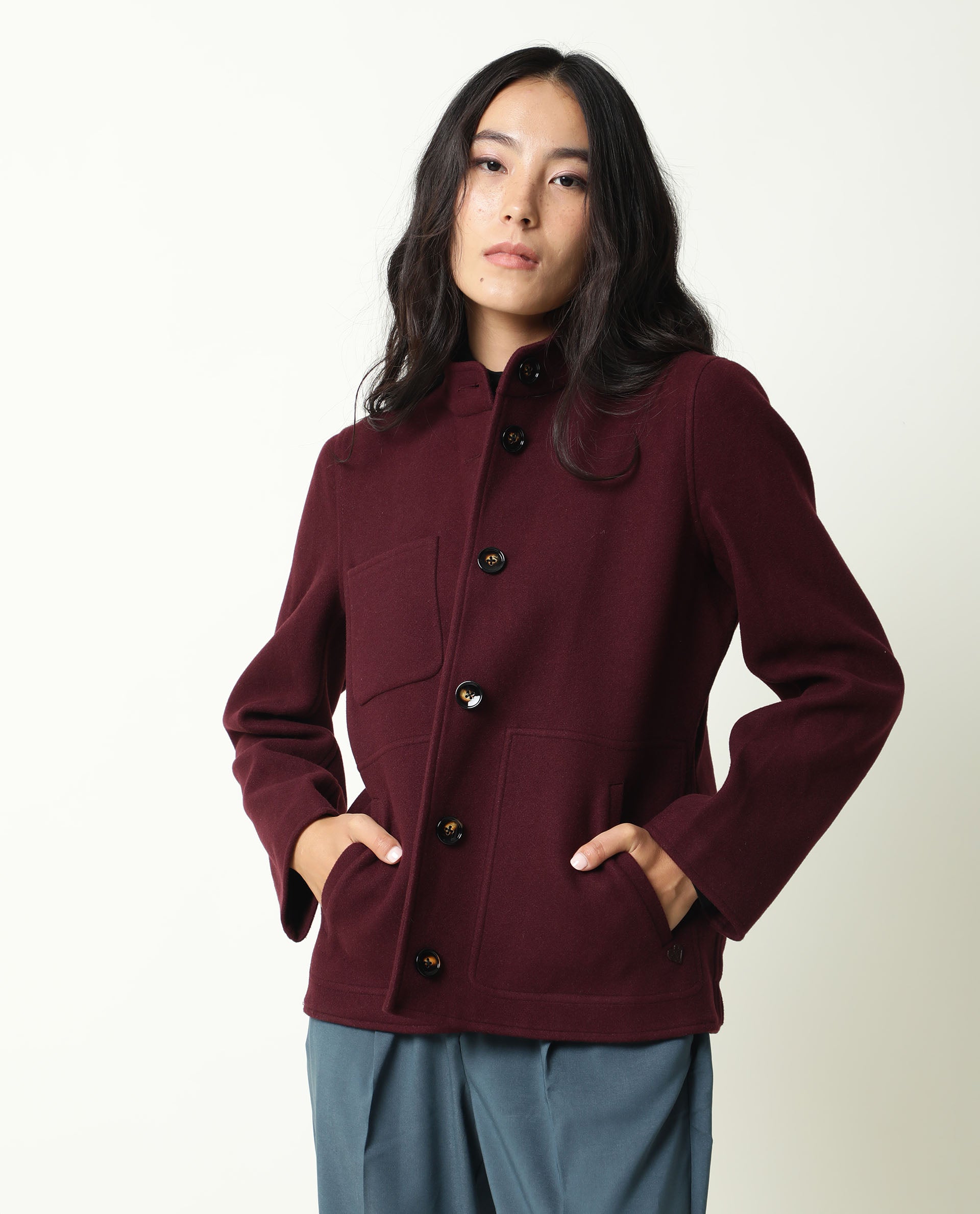 Rareism Women Comico Maroon Polyester Fabric Full Sleeves Solid Mandarin Collar Jacket