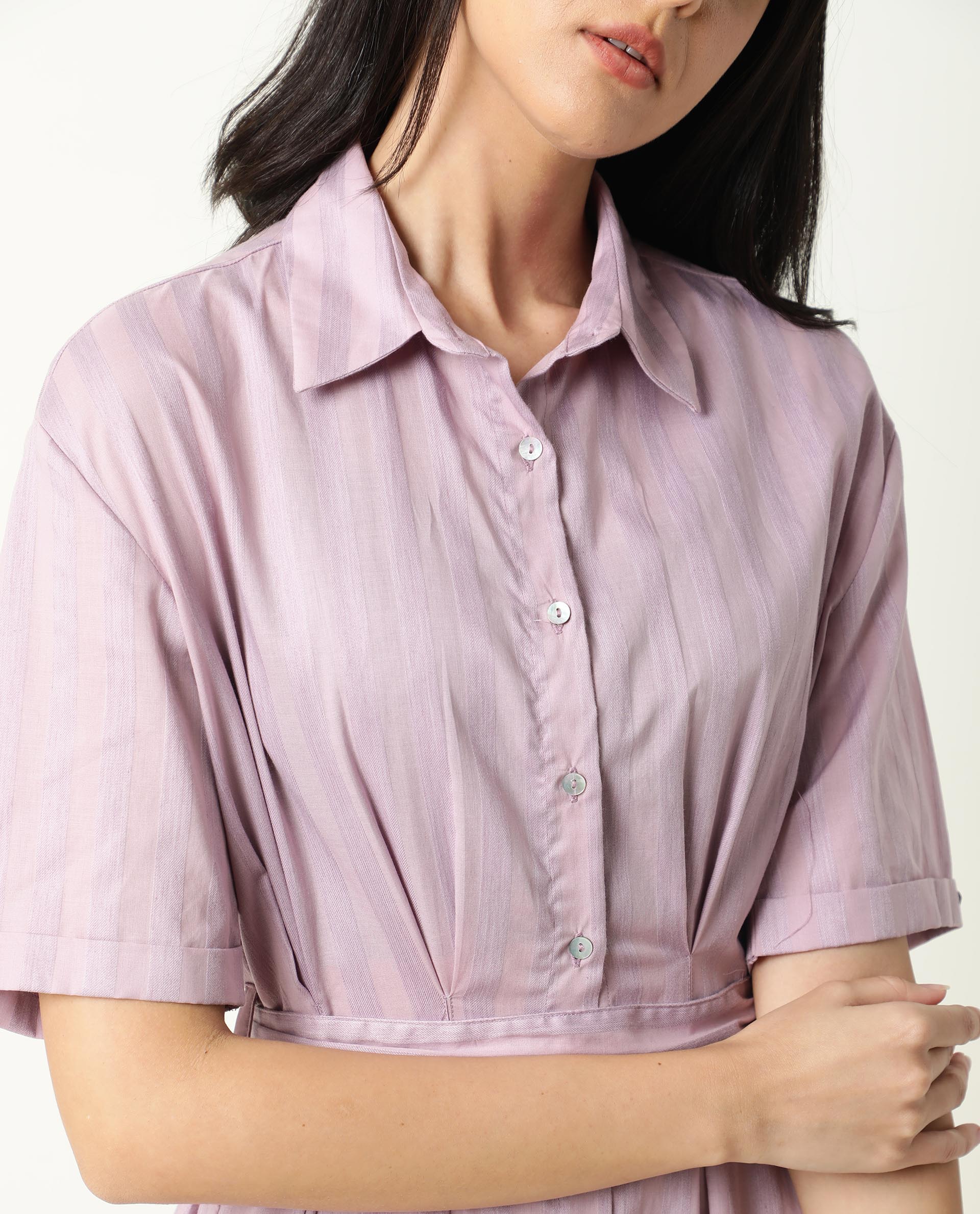 Rareism Women's Paris Pink Spread Collar Striped Knee Length Regular Fit Dress