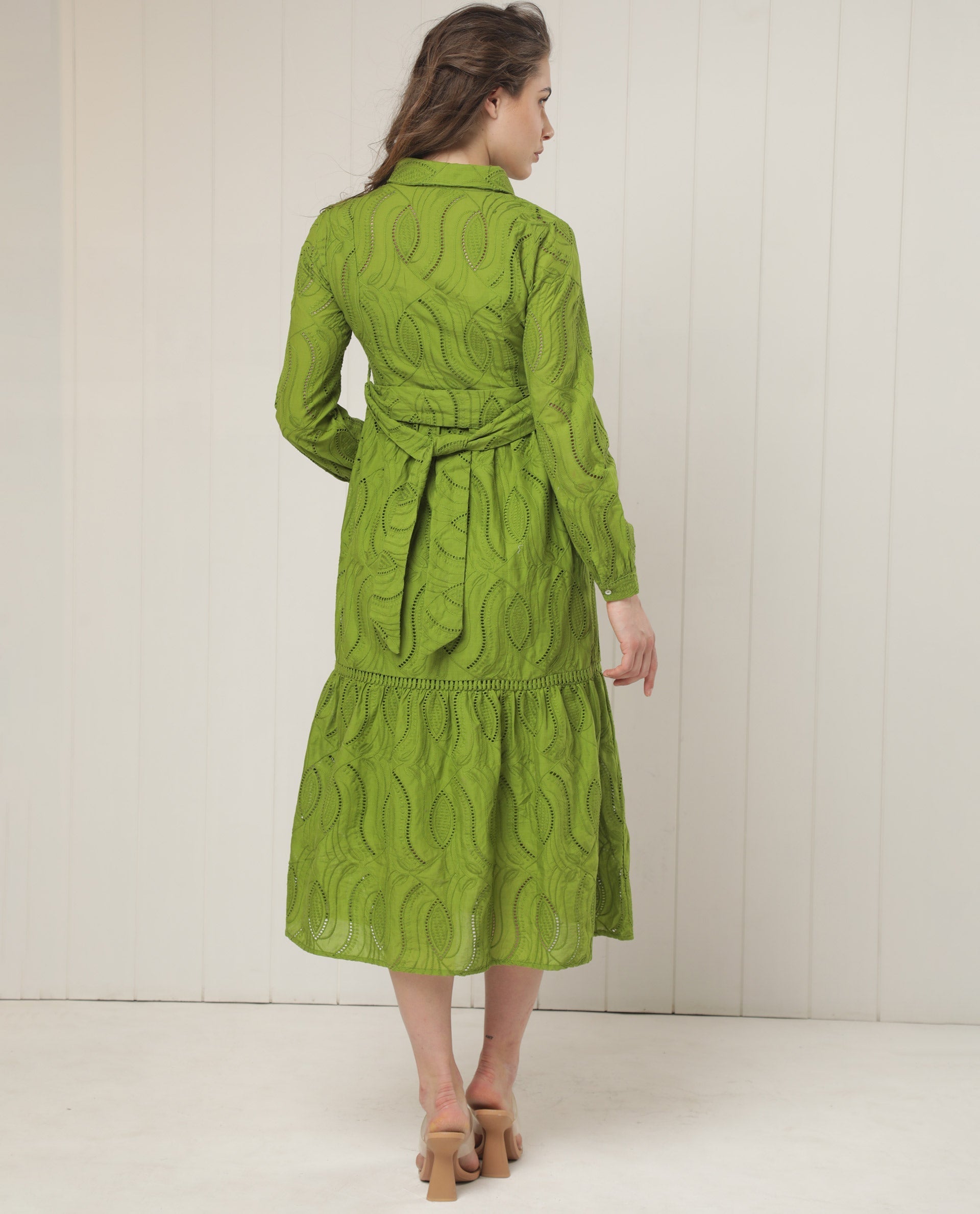 Rareism Women's Darcy Green Cotton Spread Collar Schiffli Knee Length Slim Fit Dress