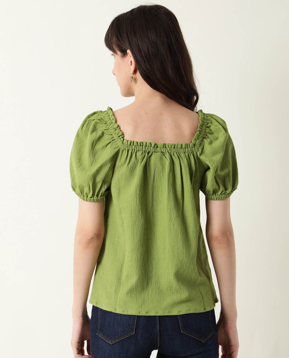 Rareism Women Swag Green Cotton Lycra Fabric Tailored Fit Square Neck Half Sleeves Solid Top