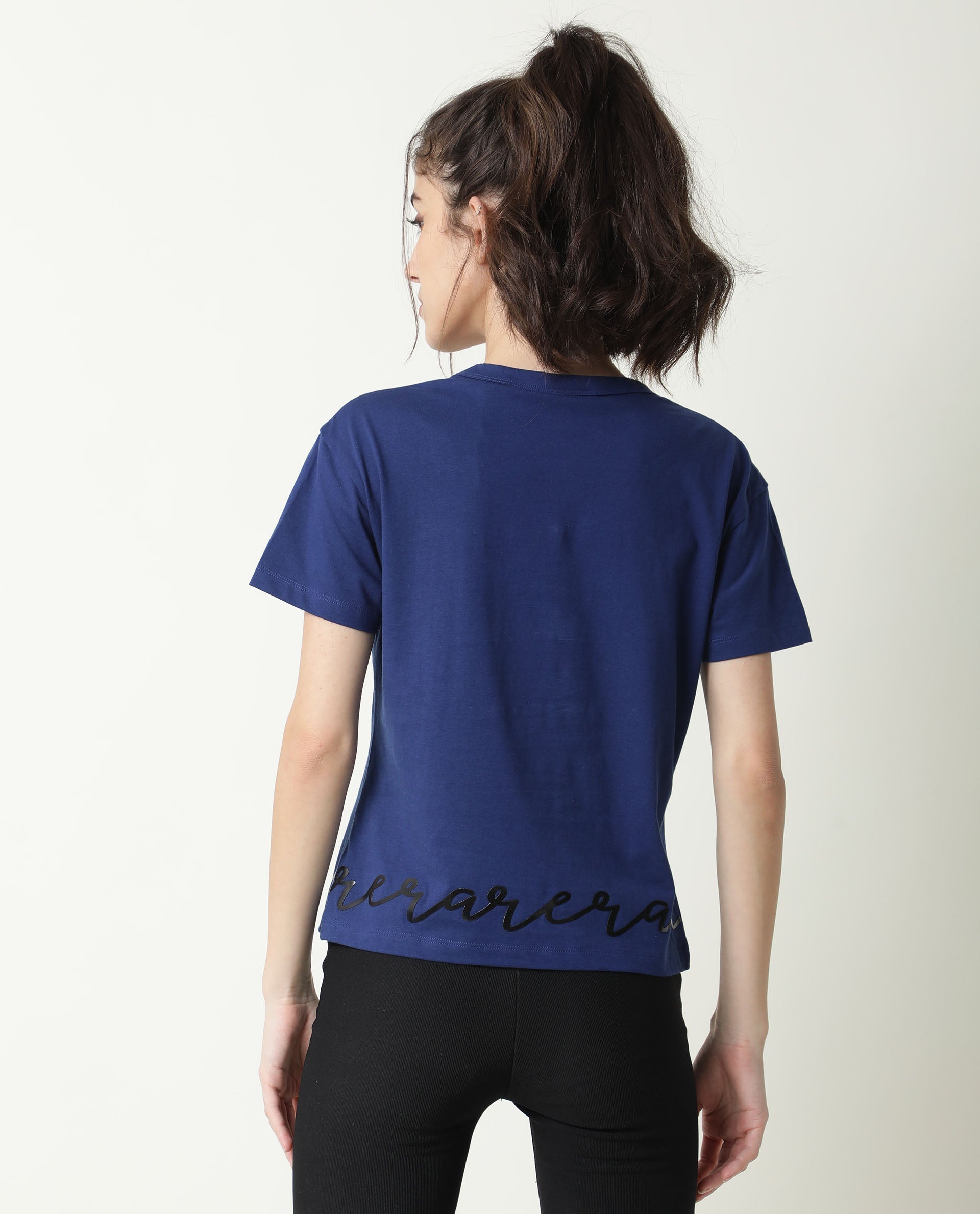 Rareism Women Ruthi Navy Cotton Fabric Regular Fit Half Sleeves Graphic Print Crew Neck T-Shirt