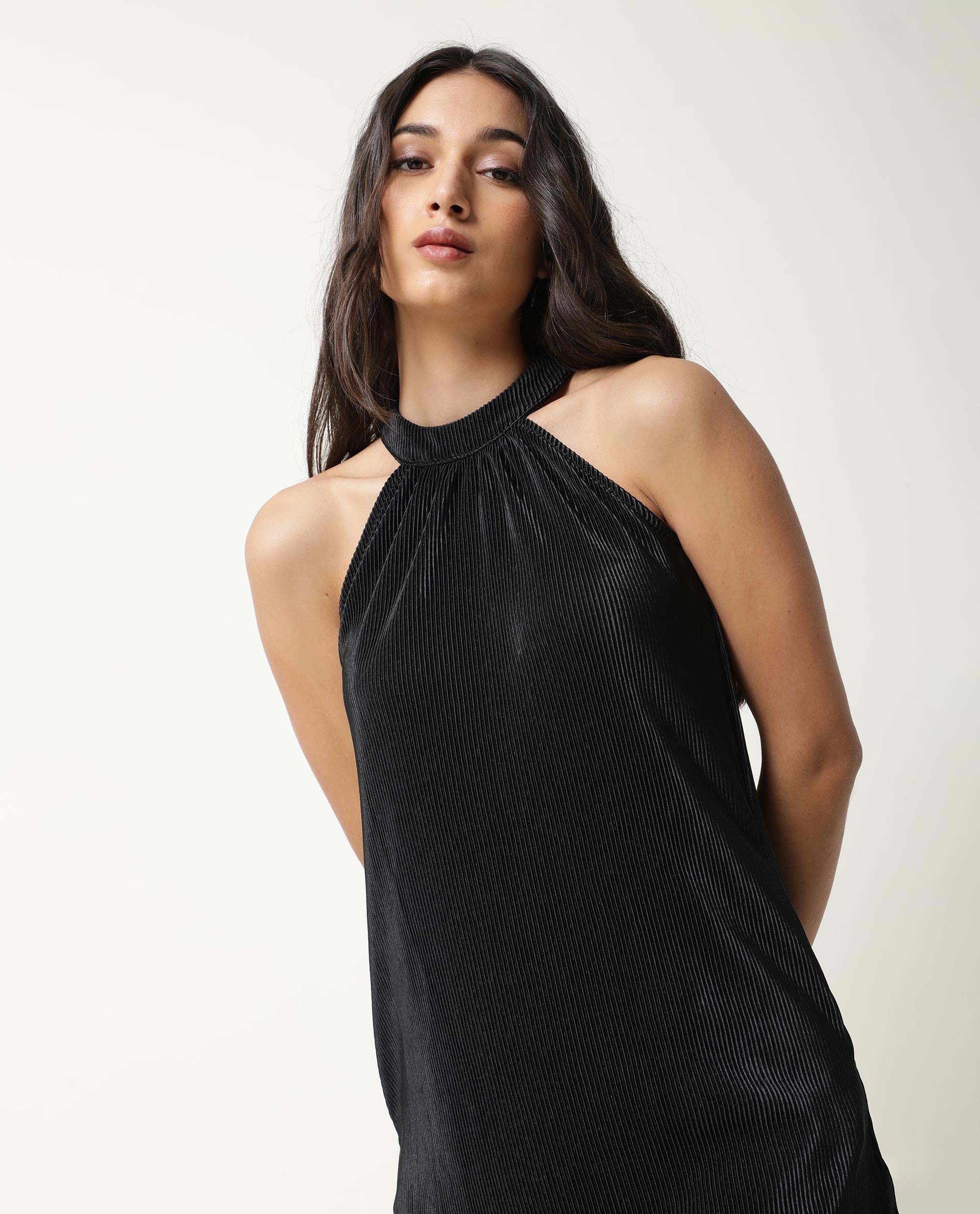 Rareism Womens Petroit Black Dress Polester Fabric Regular Fit Sleeveless Halter Neck