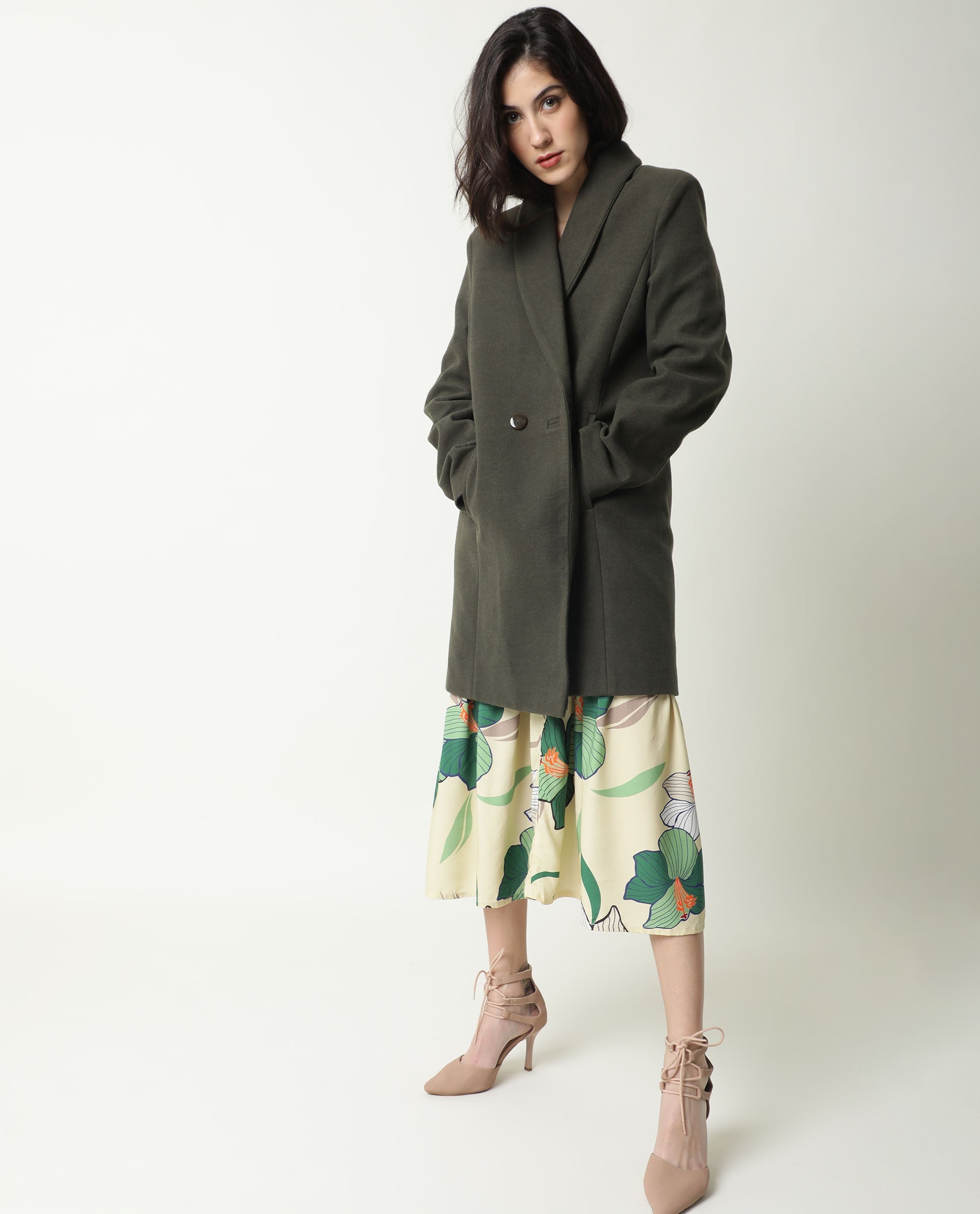 Rareism Women Avon Olive Polyester Fabric Full Sleeves Solid Lapel Neck Jacket