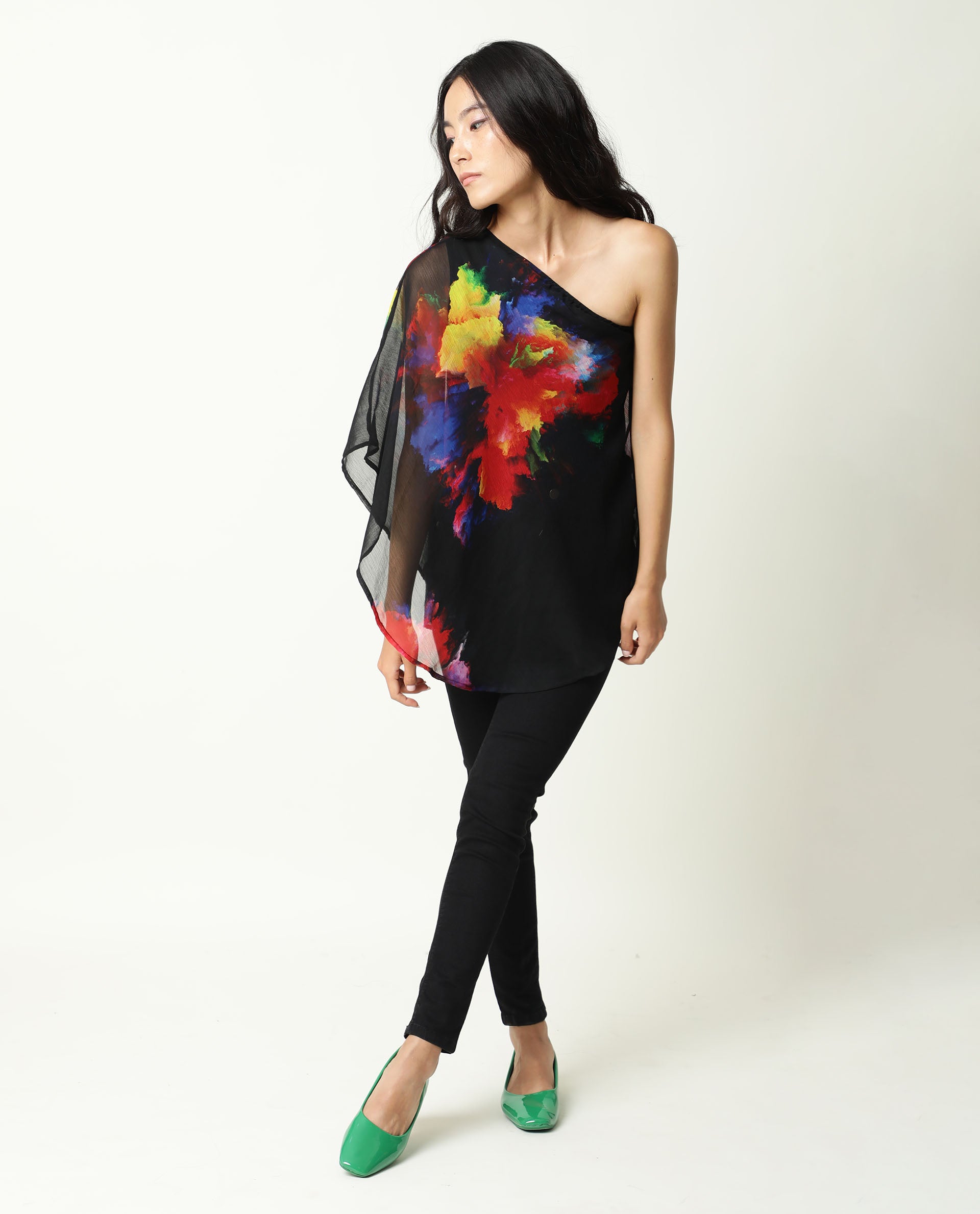 Rareism Women's Propose Black Tube Neck Floral Print Sleeveless Knee Length Regular Fit Top