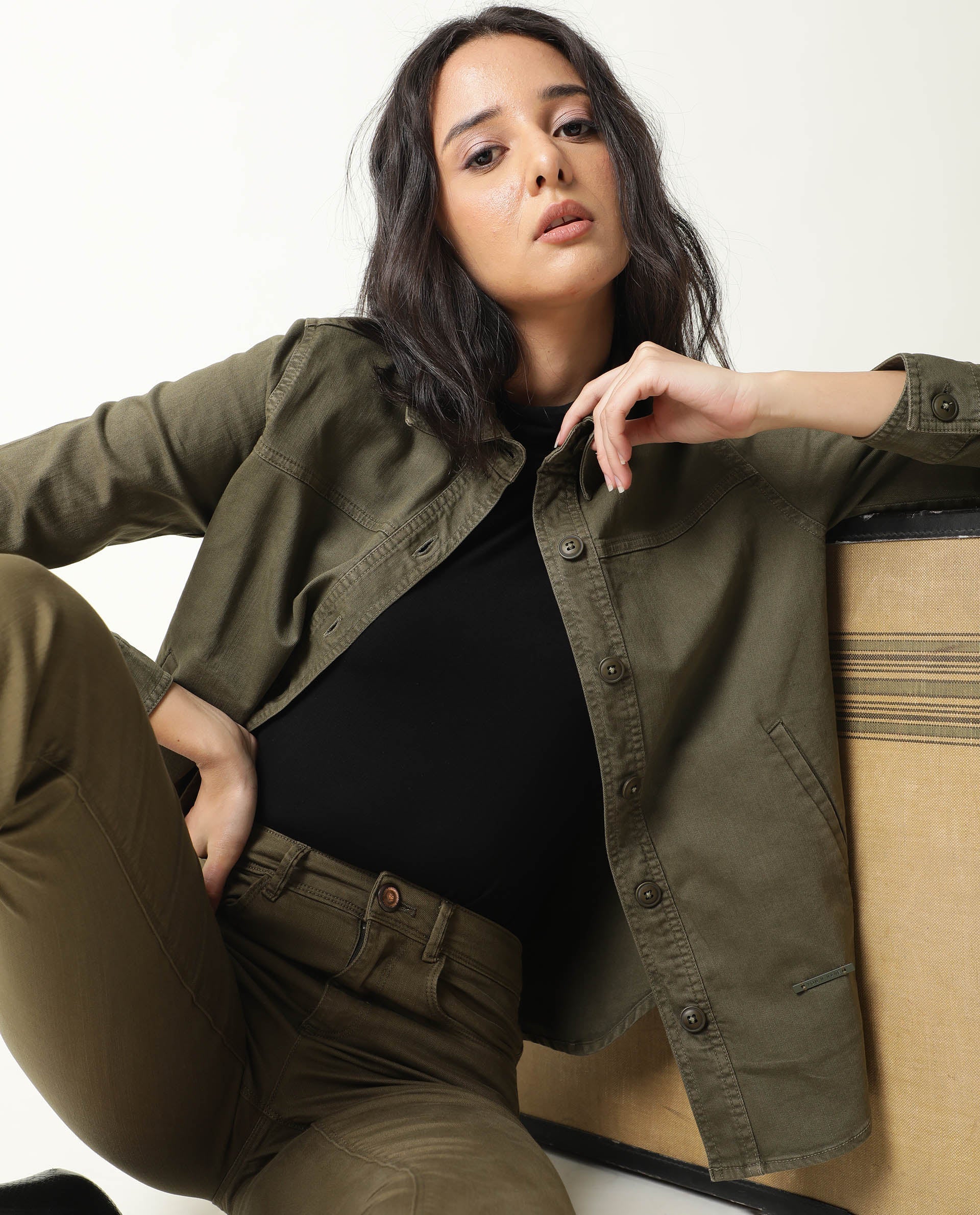 Rareism Women Mission Green Cotton Lycra Fabric Full Sleeves Solid Shirt Collar Jacket