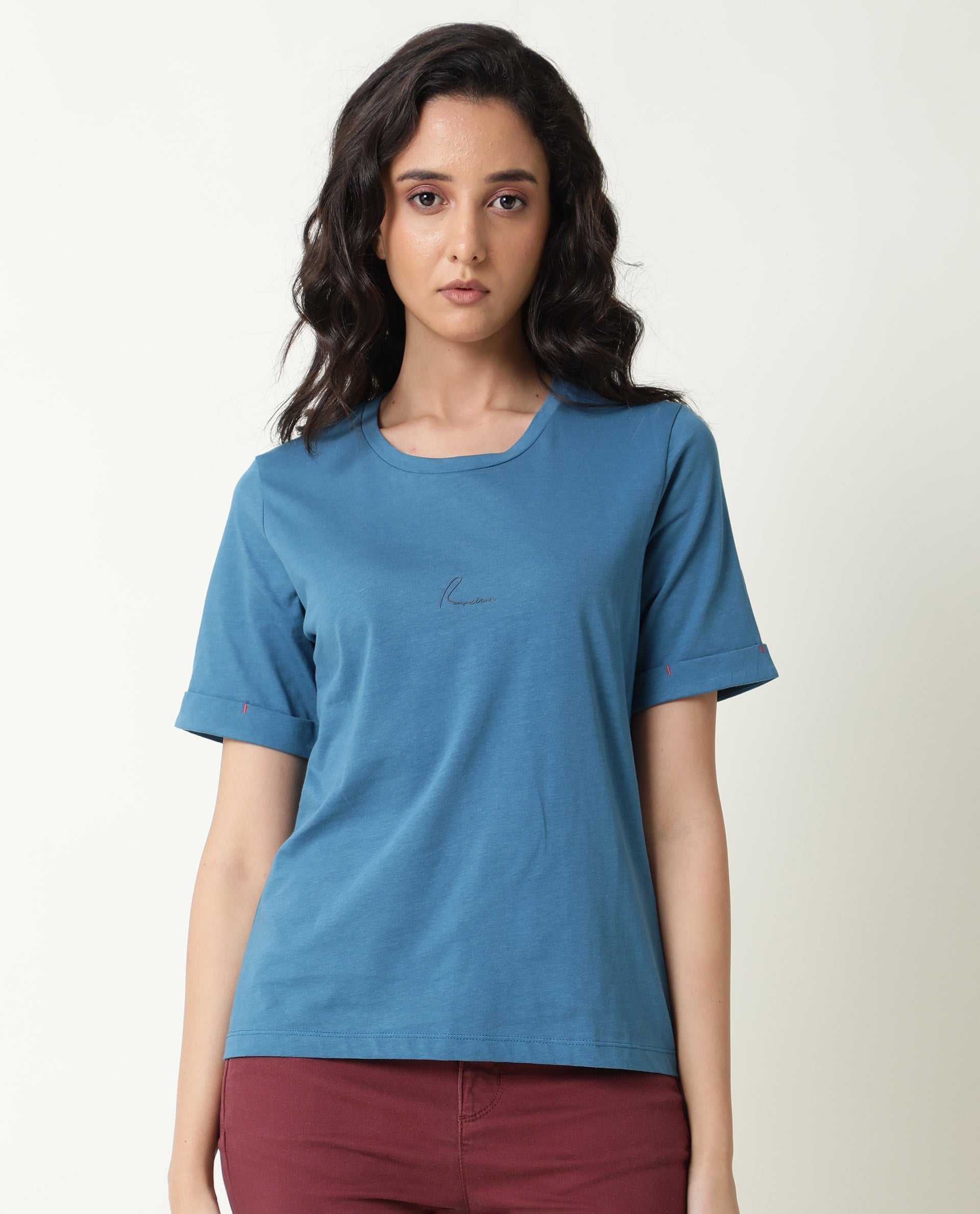 Rareism Women Nova Tee 2 Blue Cotton Fabric Regular Fit Half Sleeves Solid Round Neck T-Shirt