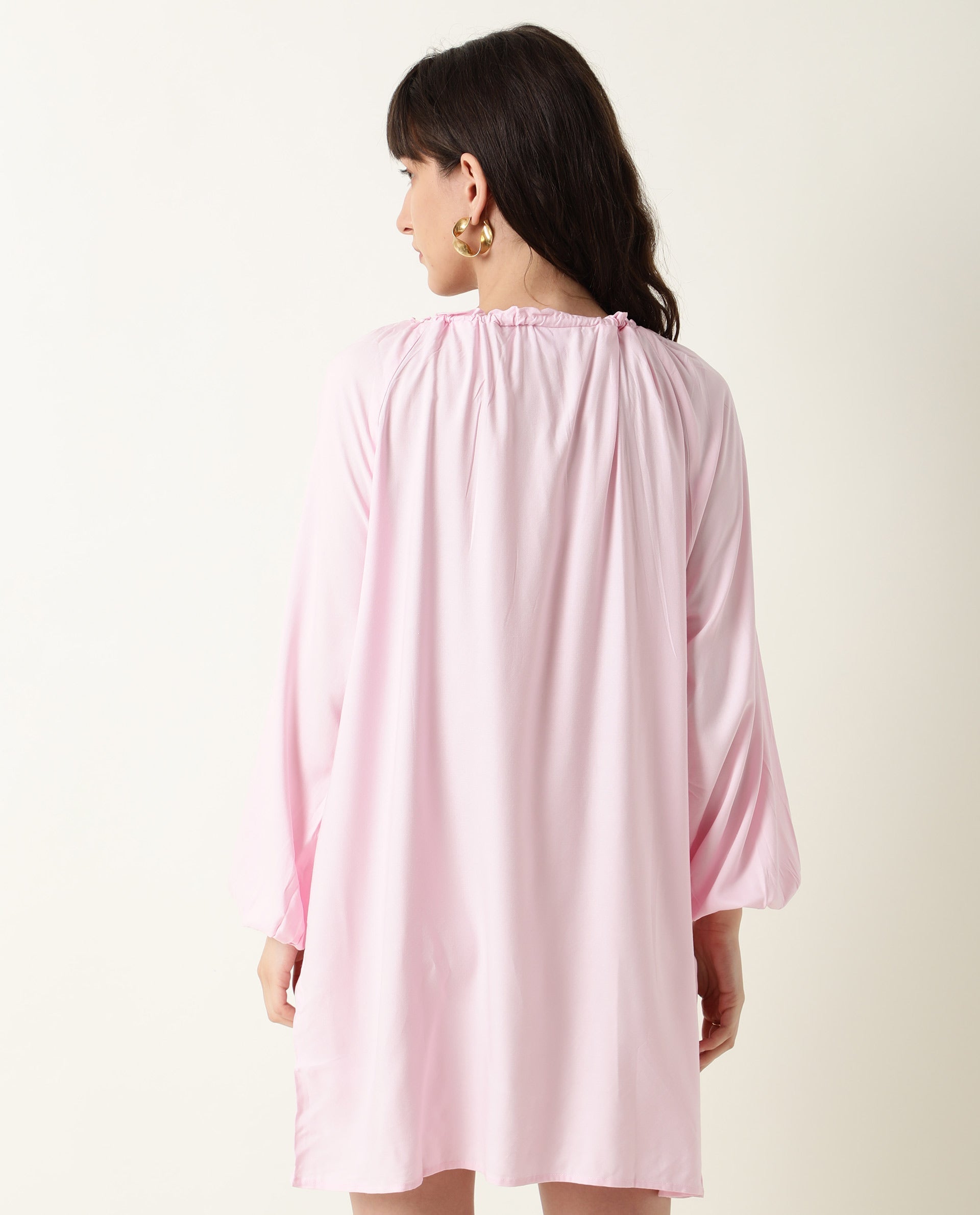 Rareism Women's Mason Pink Viscose Tie-Up Neck Plain Volume Sleeve Mini Relaxed Fit Dress