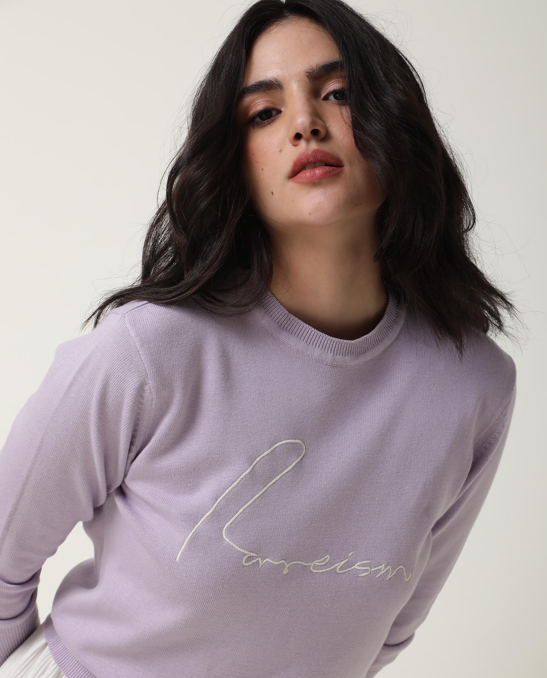 Rareism Women Plusho Light Purple Cotton Fabric Full Sleeves Regular Fit Embroidered Round Neck Sweater