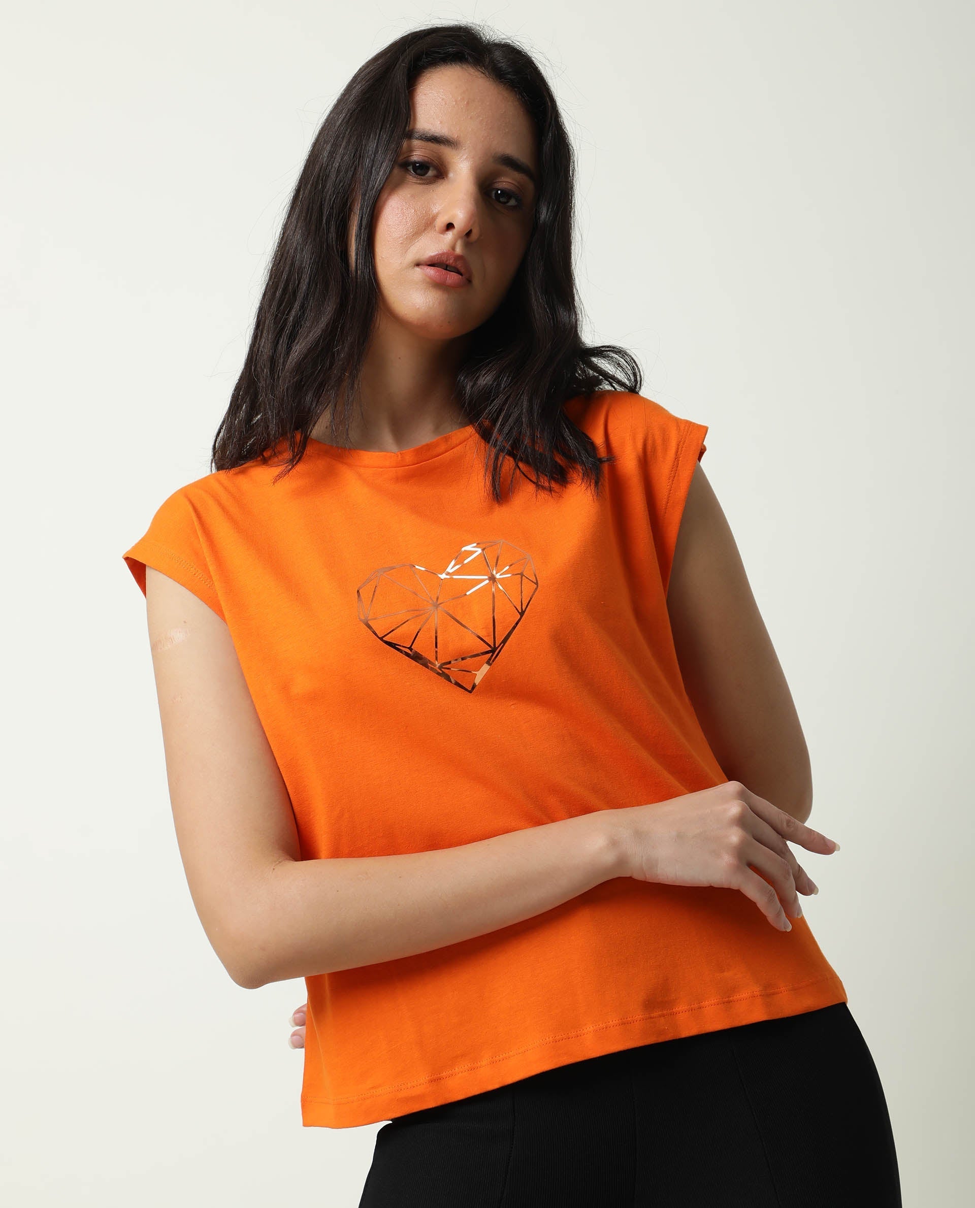 Rareism Women Race Orange Cotton Fabric Regular Fit Half Sleeves Graphic Print Round Neck T-Shirt
