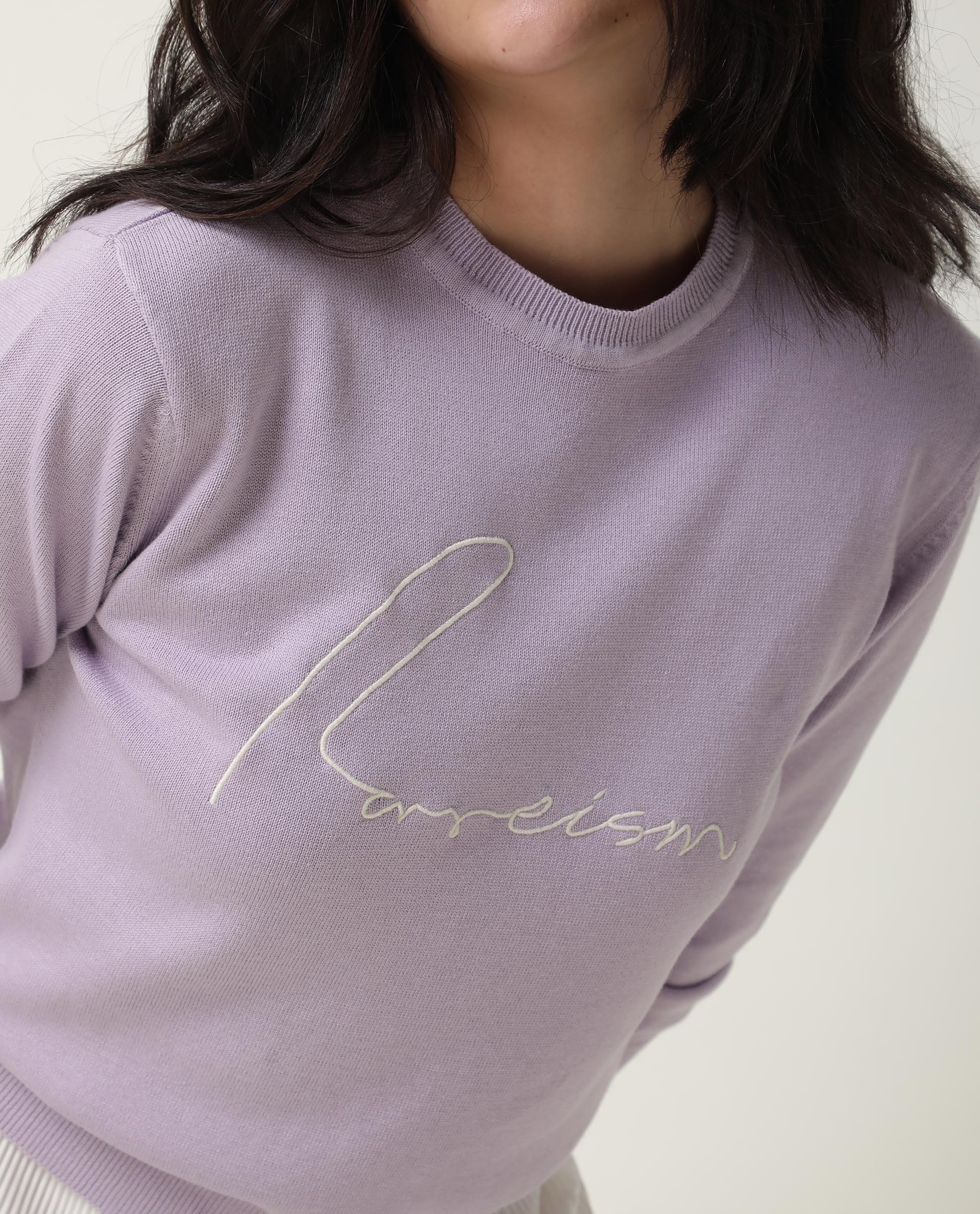 Rareism Women Plusho Light Purple Cotton Fabric Full Sleeves Regular Fit Embroidered Round Neck Sweater