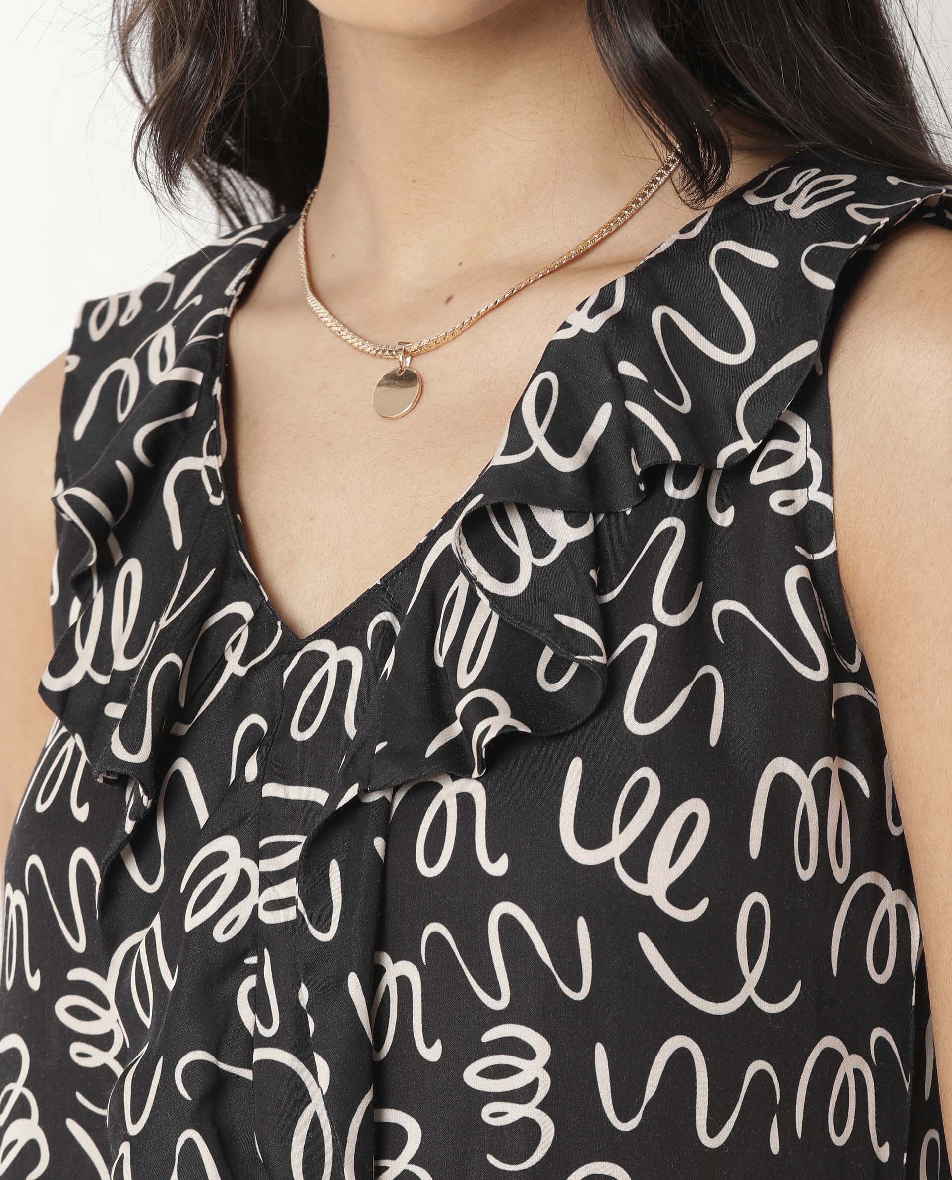 Rareism Women Curls Black Modal Satin Fabric Tailored Fit V-Neck Sleeveless Abstract Print Top
