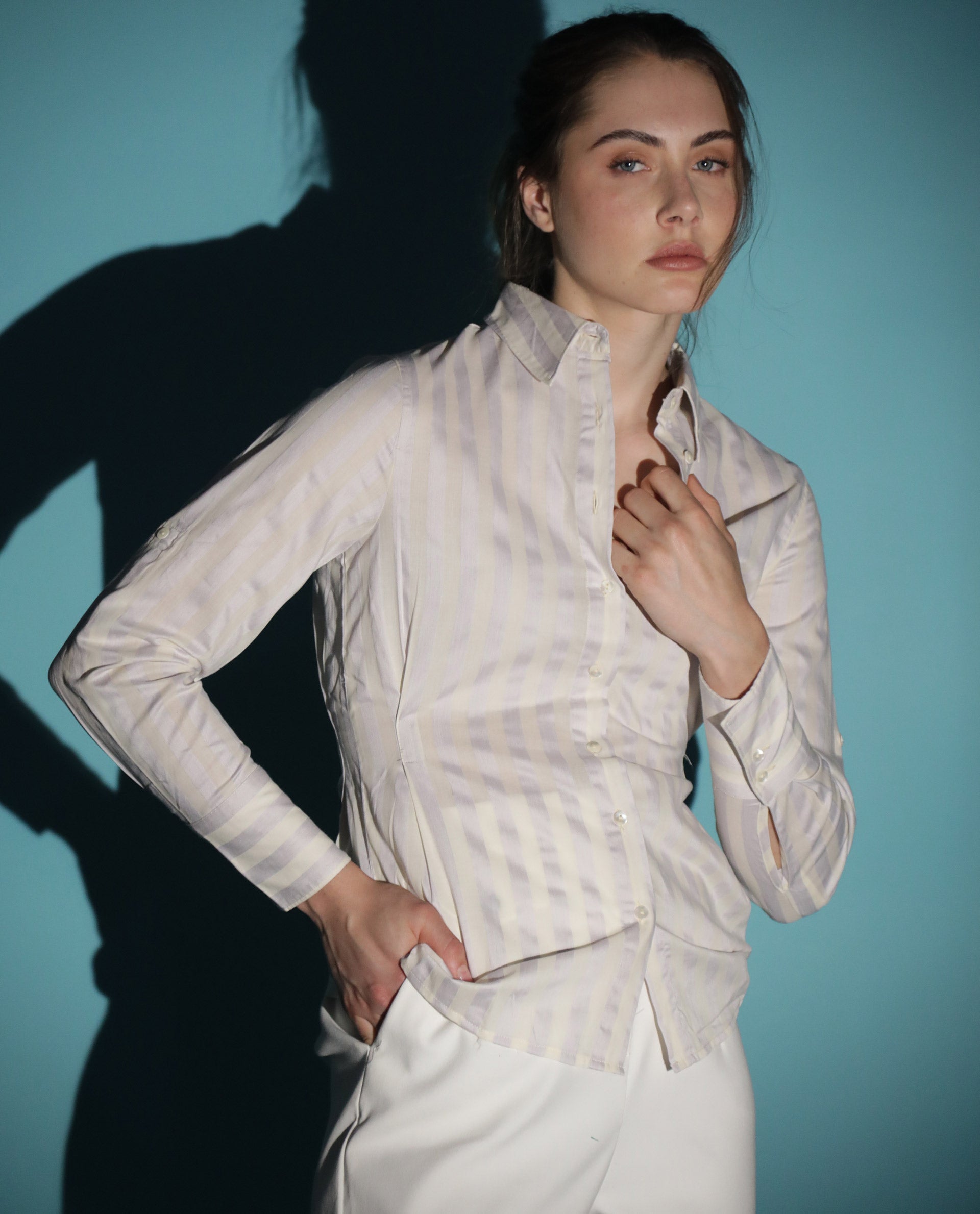 Rareism Women's Pickle Yellow Cotton Spread Collar Striped Regular Fit Top