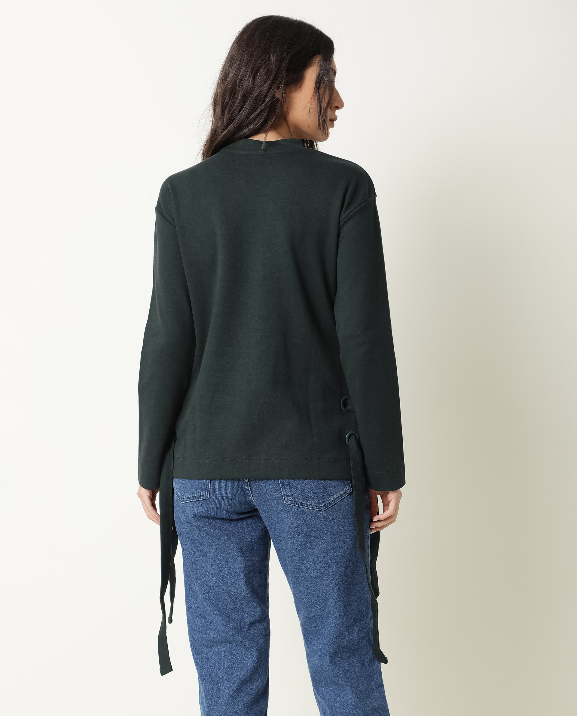 Rareism Women Ross Green Cotton Fabric Regular Fit Crew Neck Full Sleeves Solid Top