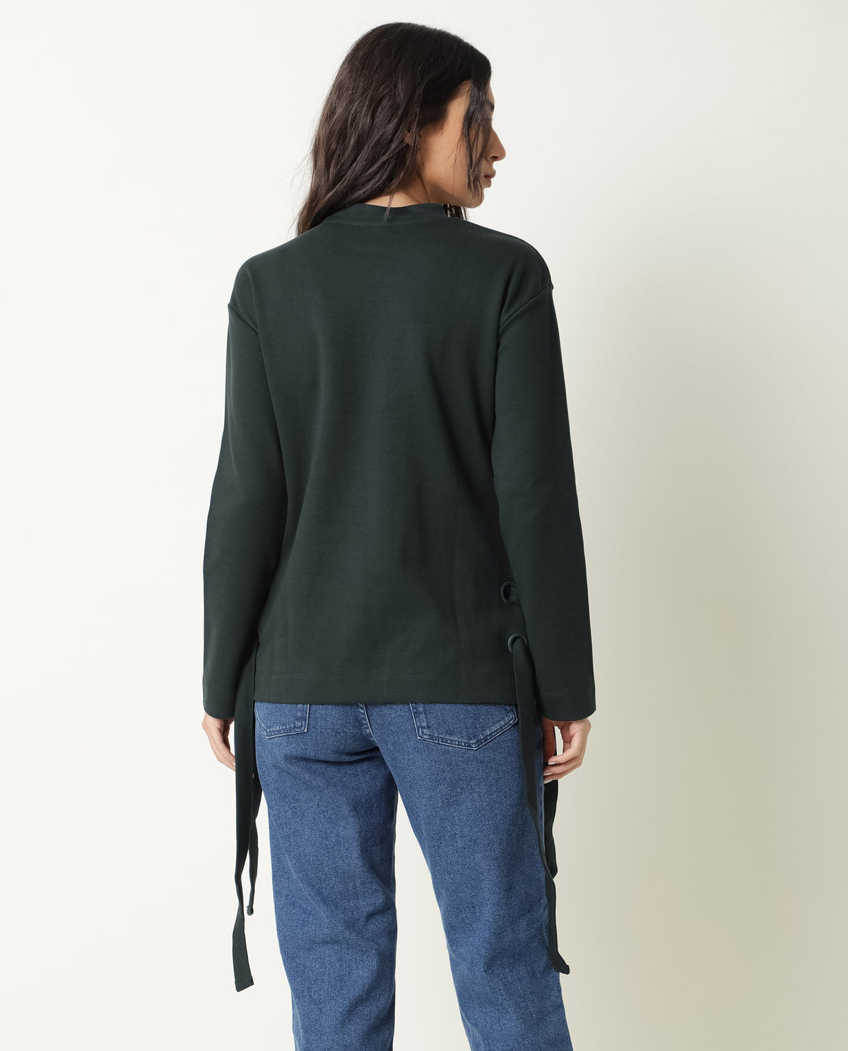 Rareism Women Ross Green Cotton Fabric Regular Fit Crew Neck Full Sleeves Solid Top