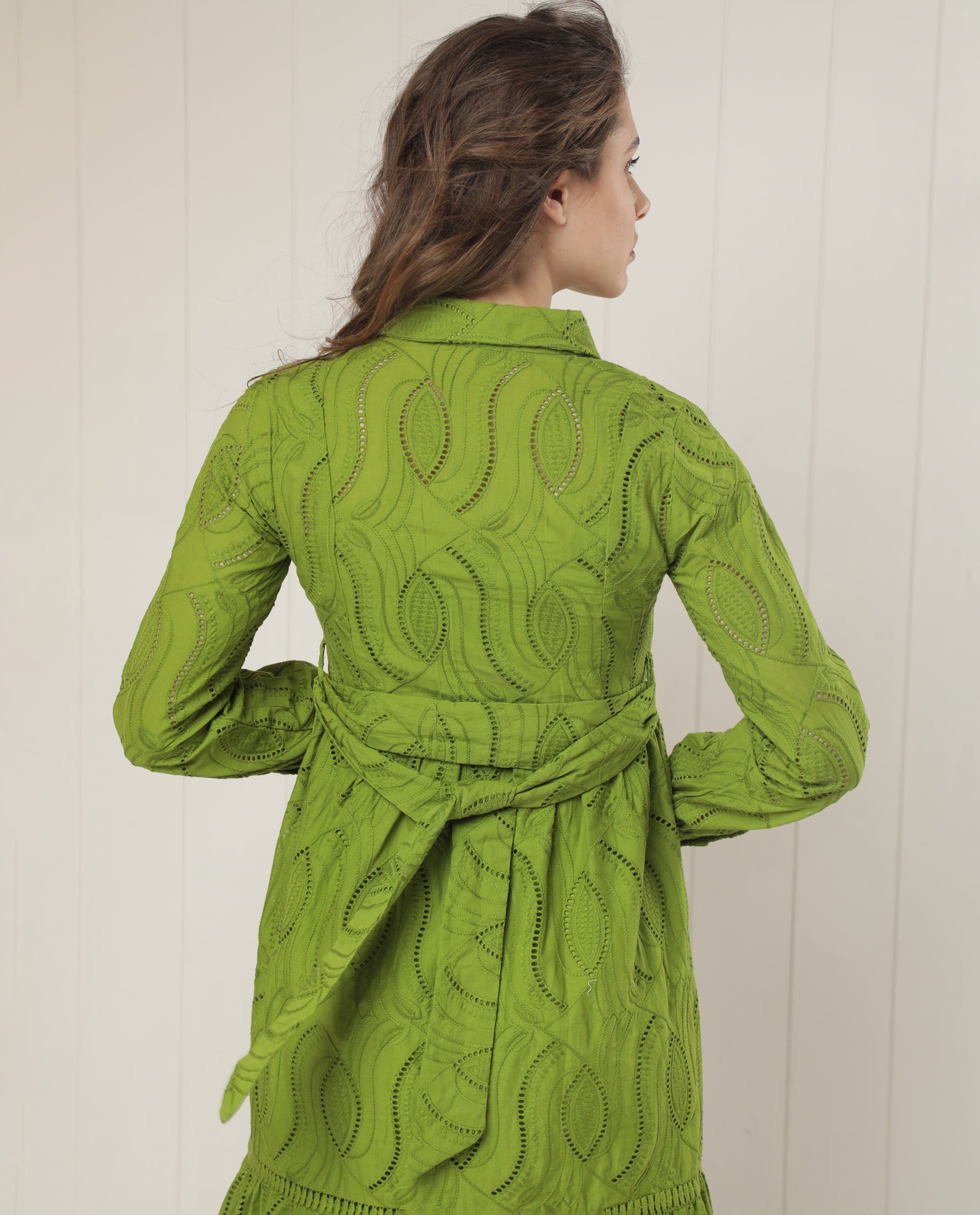 Rareism Women Darcy Green Cotton Fabric Full Sleeves Button Closure Shirt Collar Slim Fit Schiffili Knee Length Empire Dress