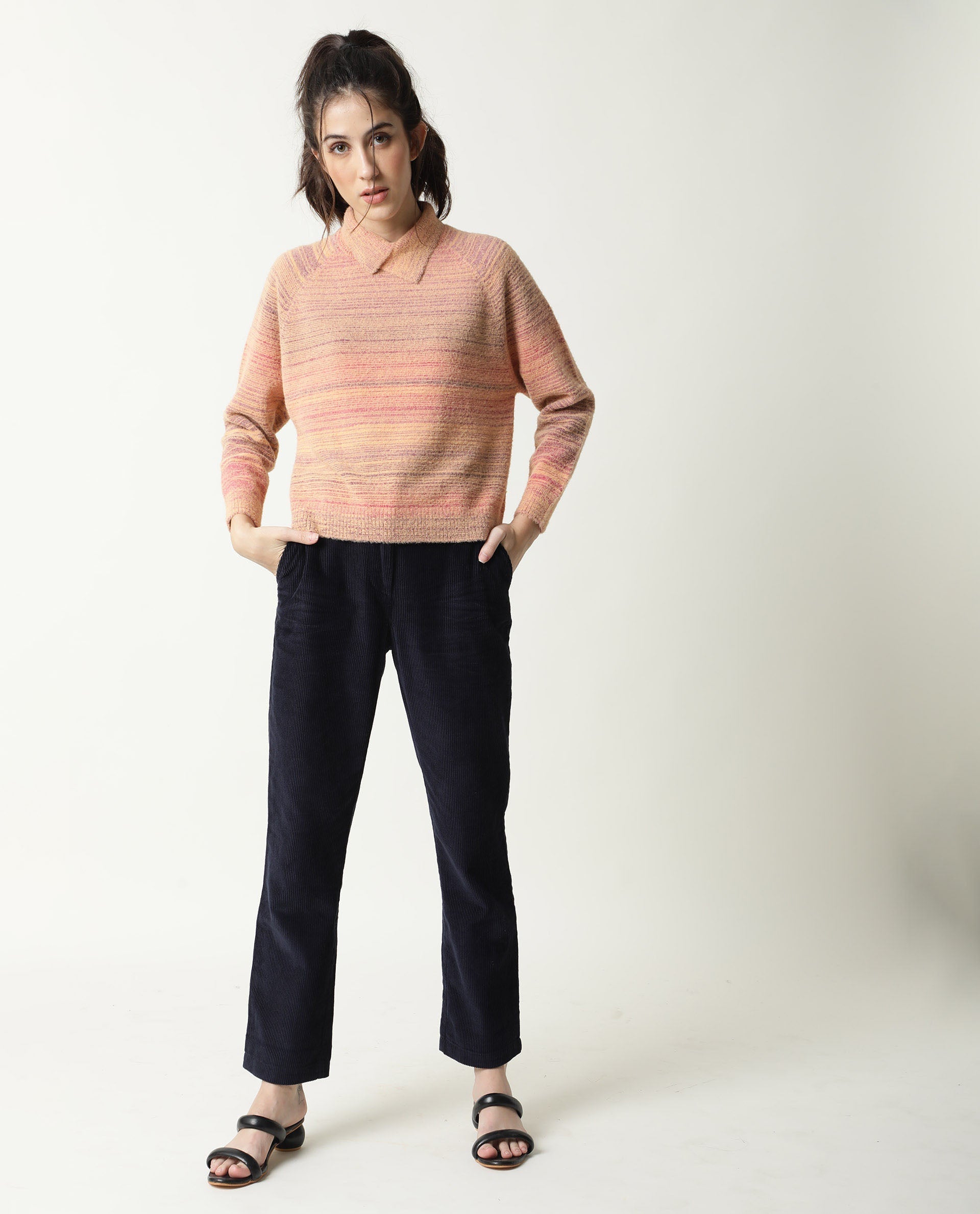 Rareism Women Rosalva Pink Nylon Fabric Full Sleeves Knee Length Regular Fit Ombre High Neck Sweater