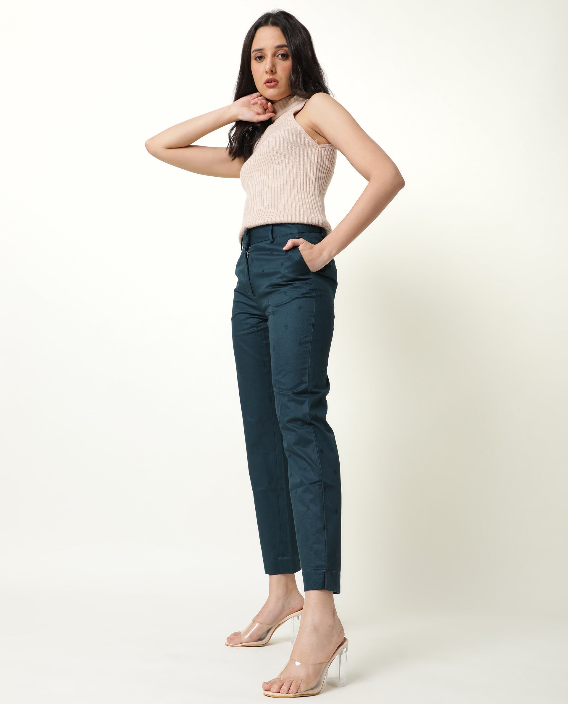 Rareism Women's Odyssey Petrol Viscose Plain Ankle Length Tailored Trouser