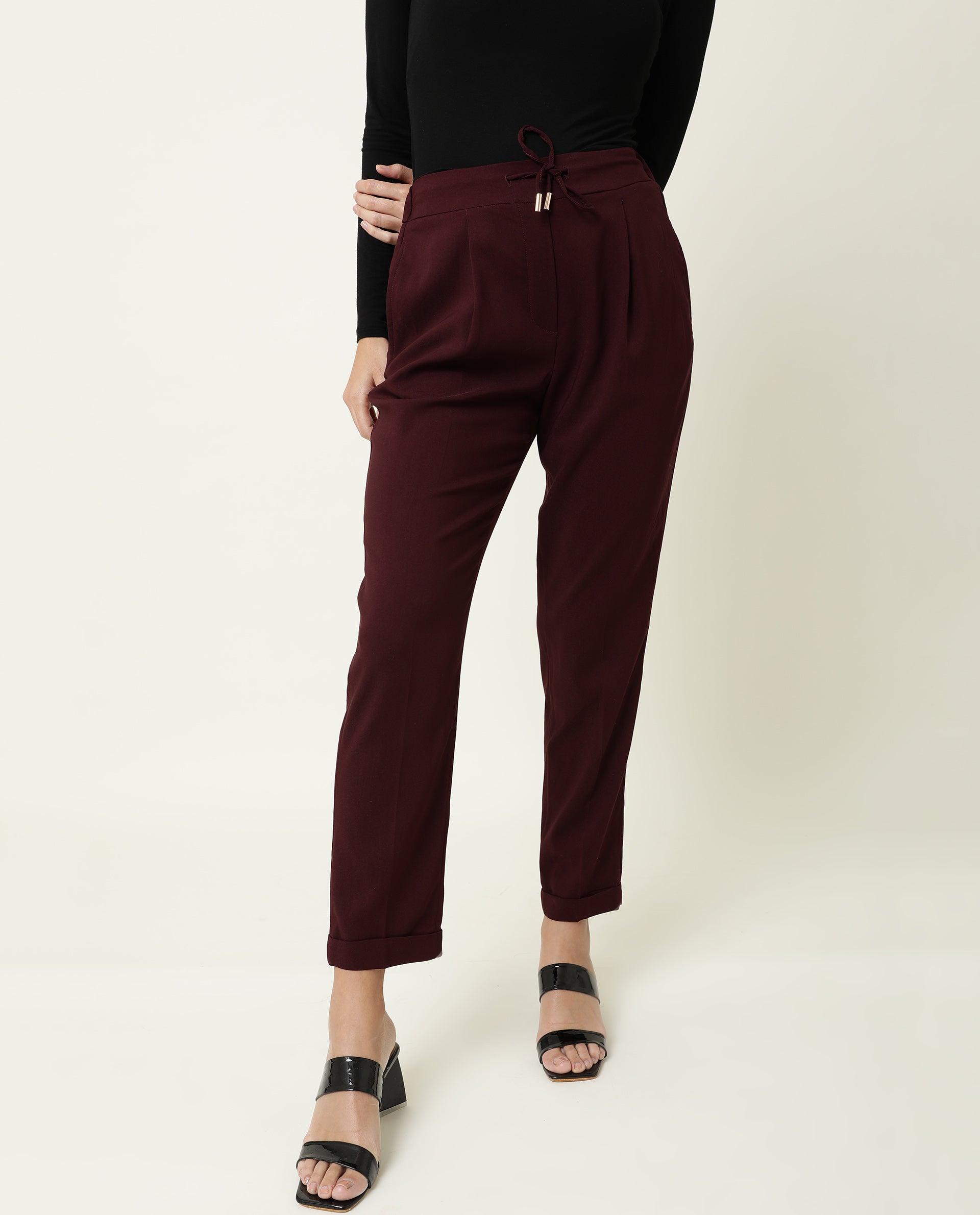 Rareism Women's Jeremiah Maroon Polyester Blend Plain Ankle Length Tailored Trouser