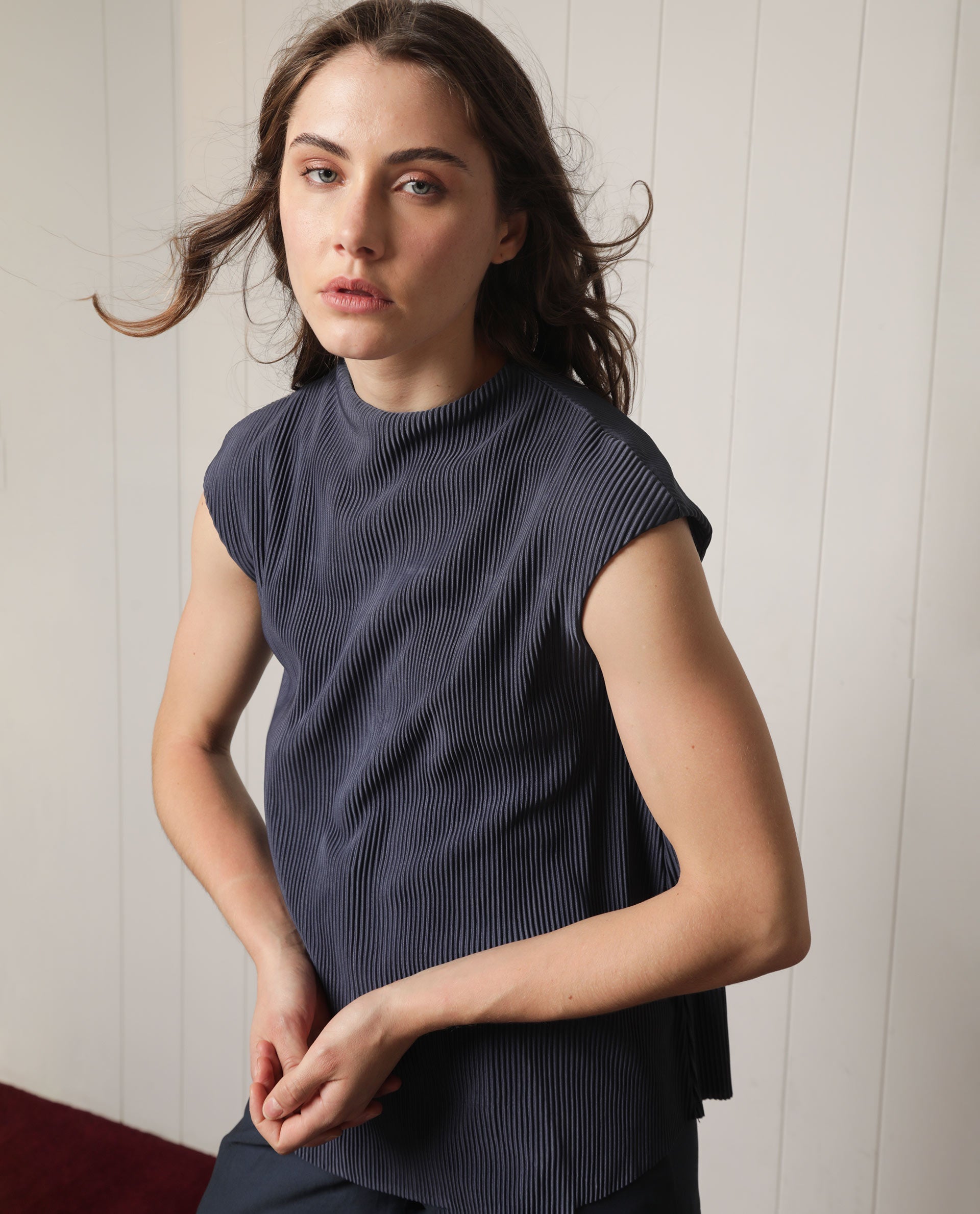 Rareism Women's Daffo Navy Polyester High Neck Textured Sleeveless Relaxed Fit Top