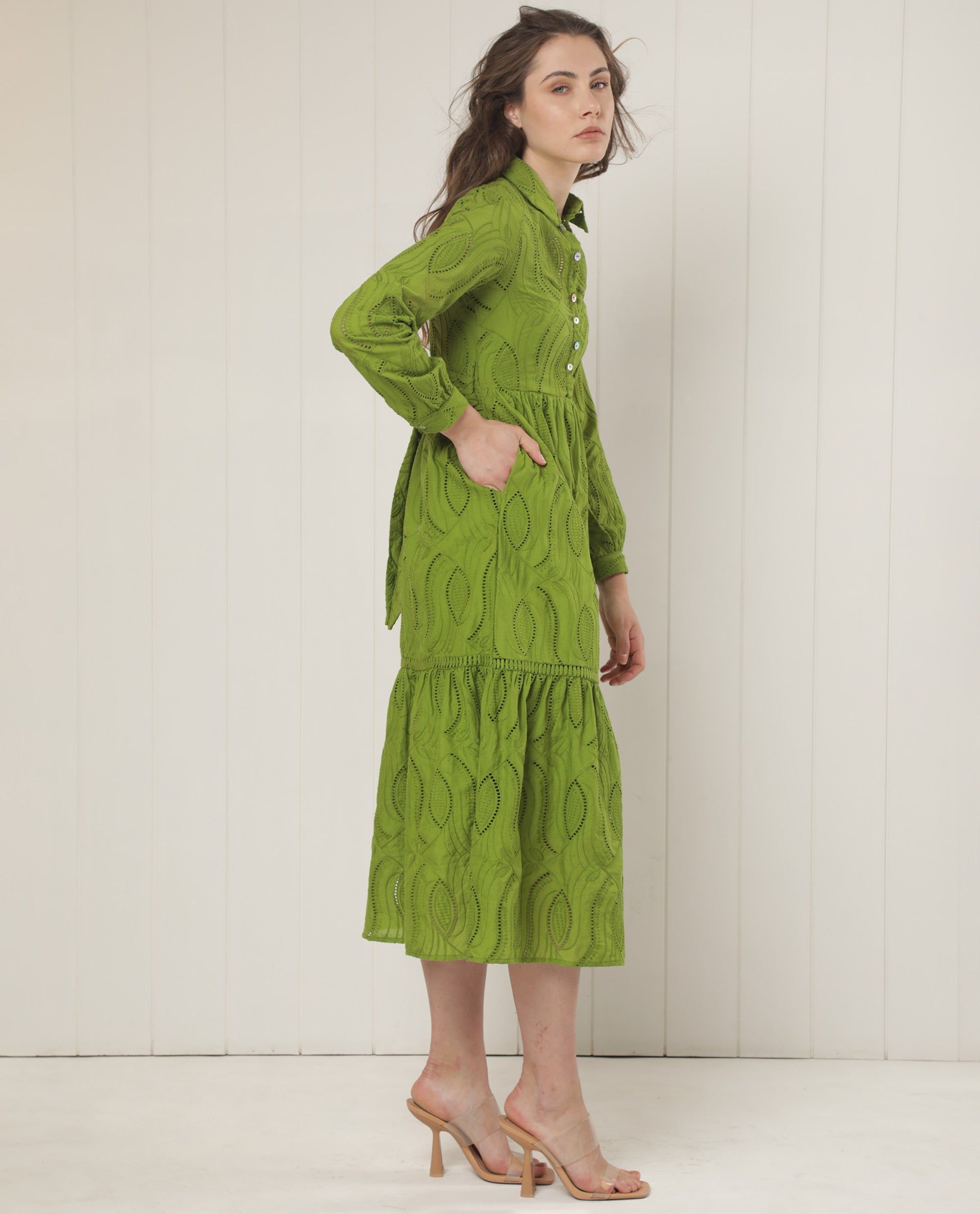 Rareism Women's Darcy Green Cotton Spread Collar Schiffli Knee Length Slim Fit Dress