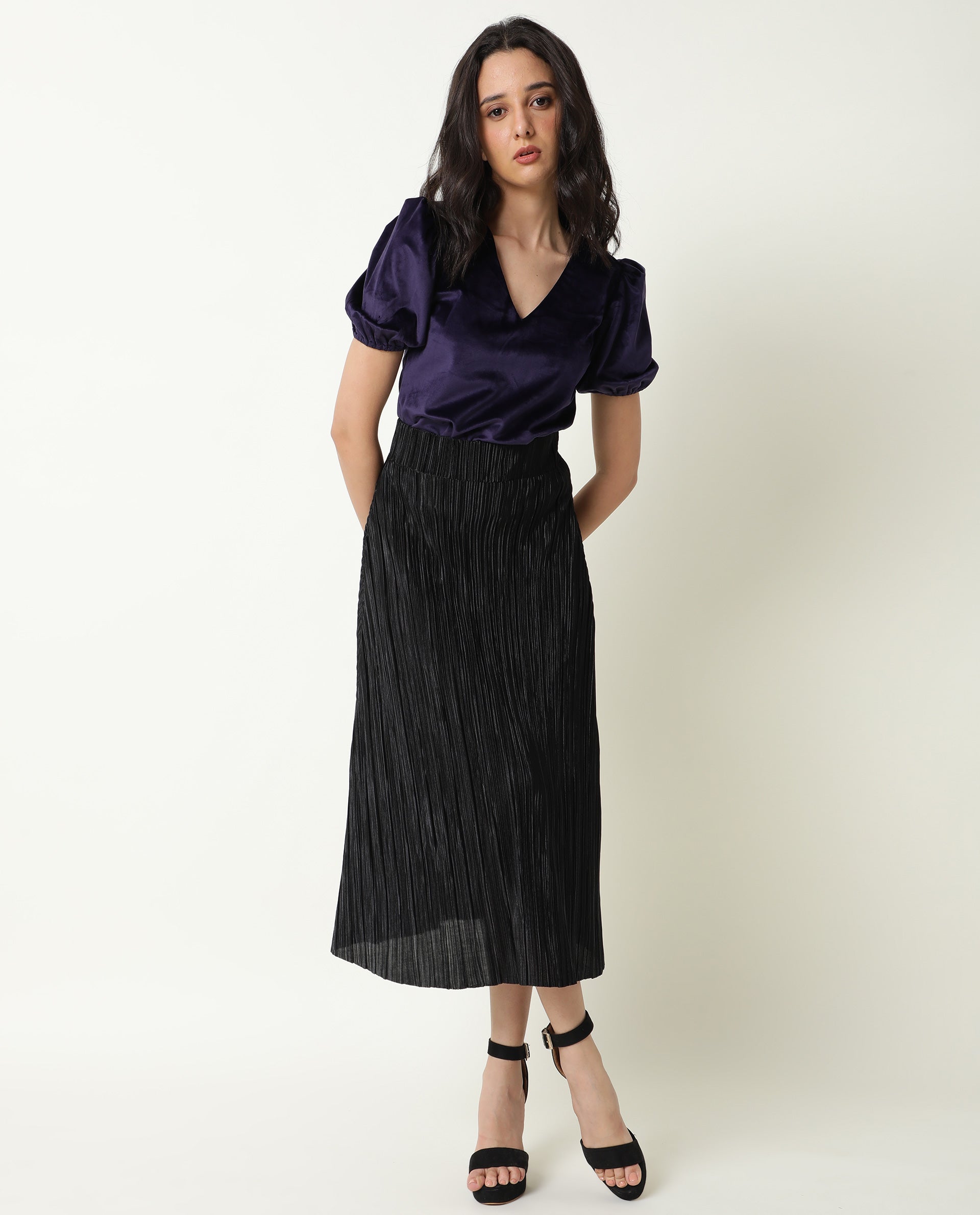 Rareism Womens Mun Navy Top Suede Fabric Half Sleeve V Neck