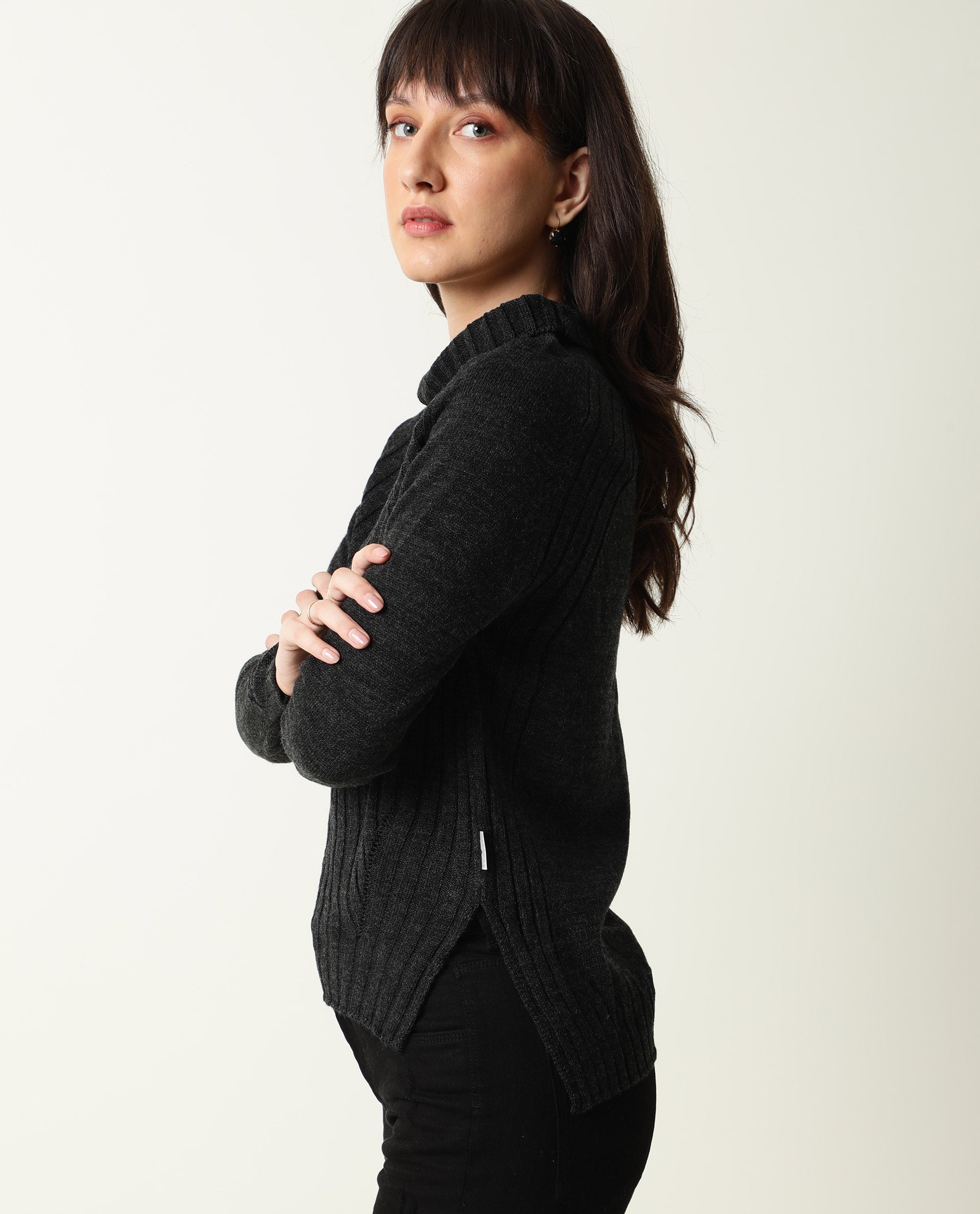 Rareism Women's Halo Black Acrylic High Neck Plain Regular Fit Sweater