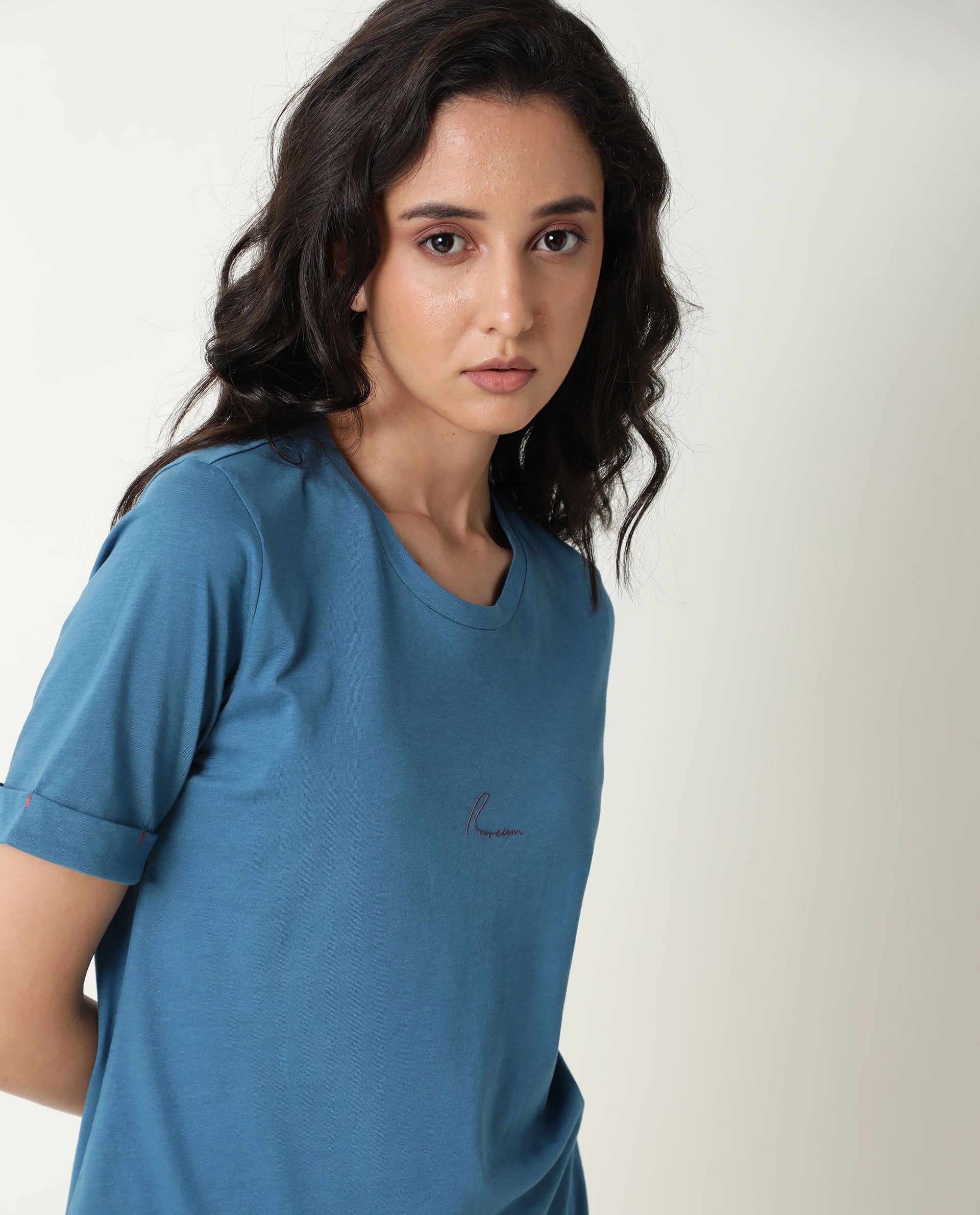 Rareism Women Nova Tee 2 Blue Cotton Fabric Regular Fit Half Sleeves Solid Round Neck T-Shirt