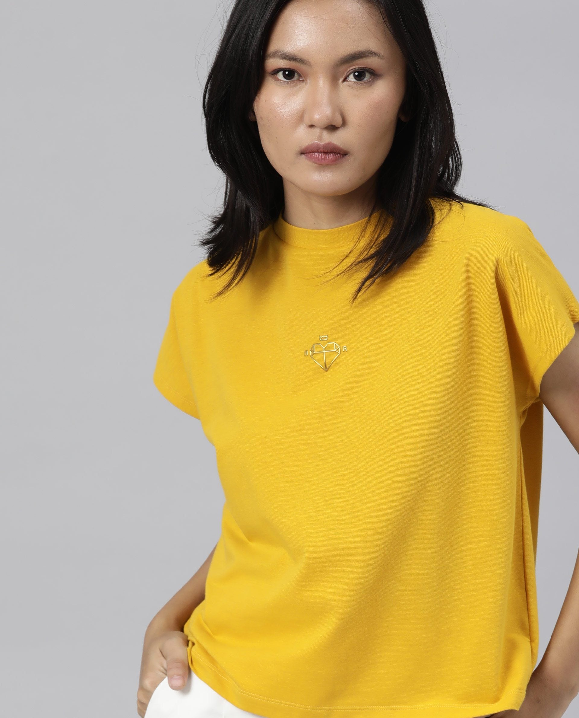 Rareism Womens Hola Mustard T-Shirt High Neck Polycotton Spandex Fabric
