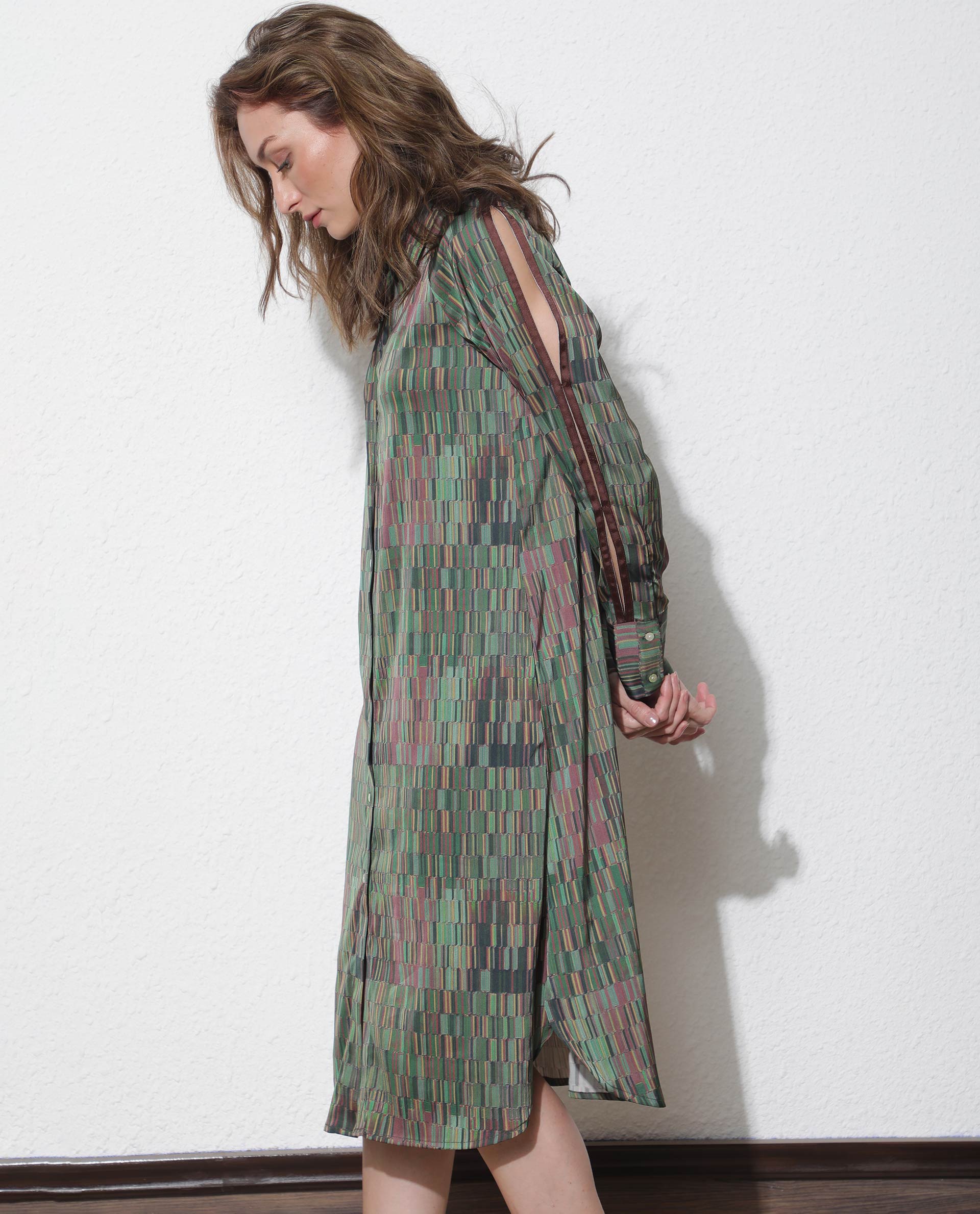 Rareism Women's Reign Olive Cotton Spread Collar Geometric Print Maxi Regular Fit Dress