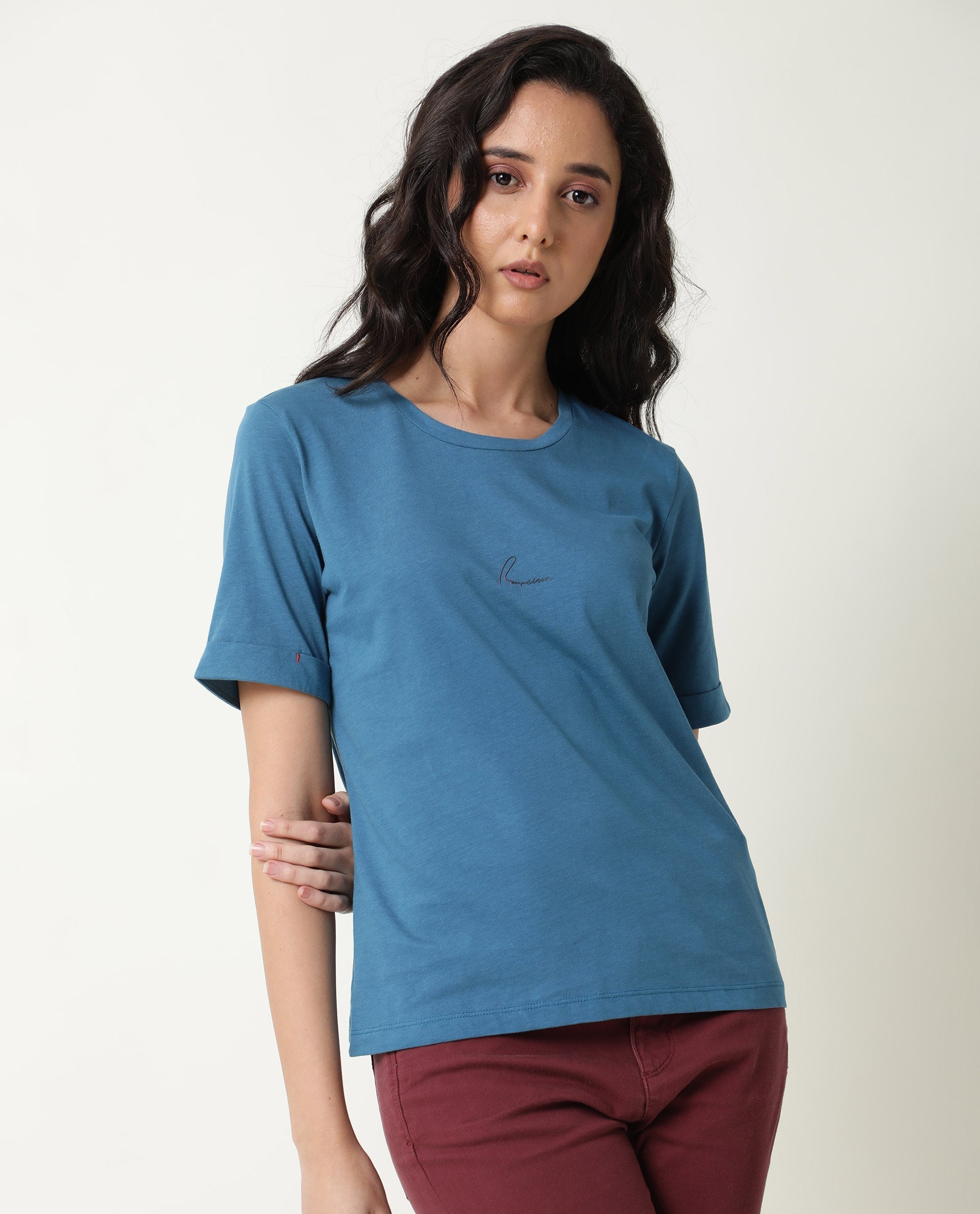 Rareism Women Nova Tee 2 Blue Cotton Fabric Regular Fit Half Sleeves Solid Round Neck T-Shirt