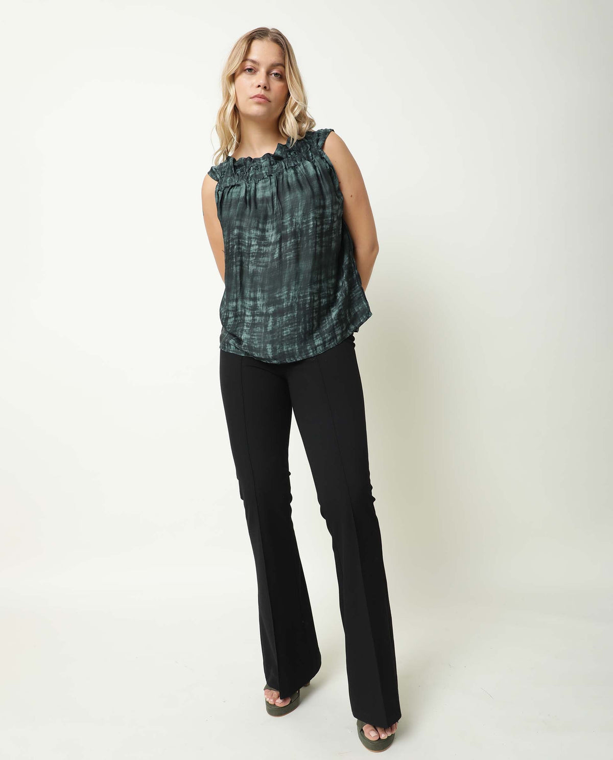 Rareism Women Chiat Green Modal Fabric Relaxed Fit Boat Neck Sleeveless Ombre Top